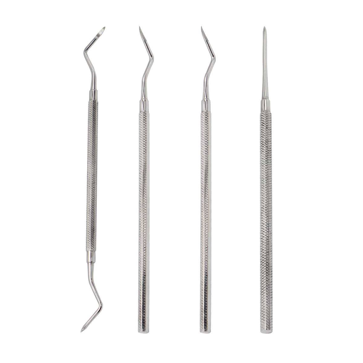 four-piece stainless steel Heidbrink dental root tip picks and surgical elevator set with textured handles.