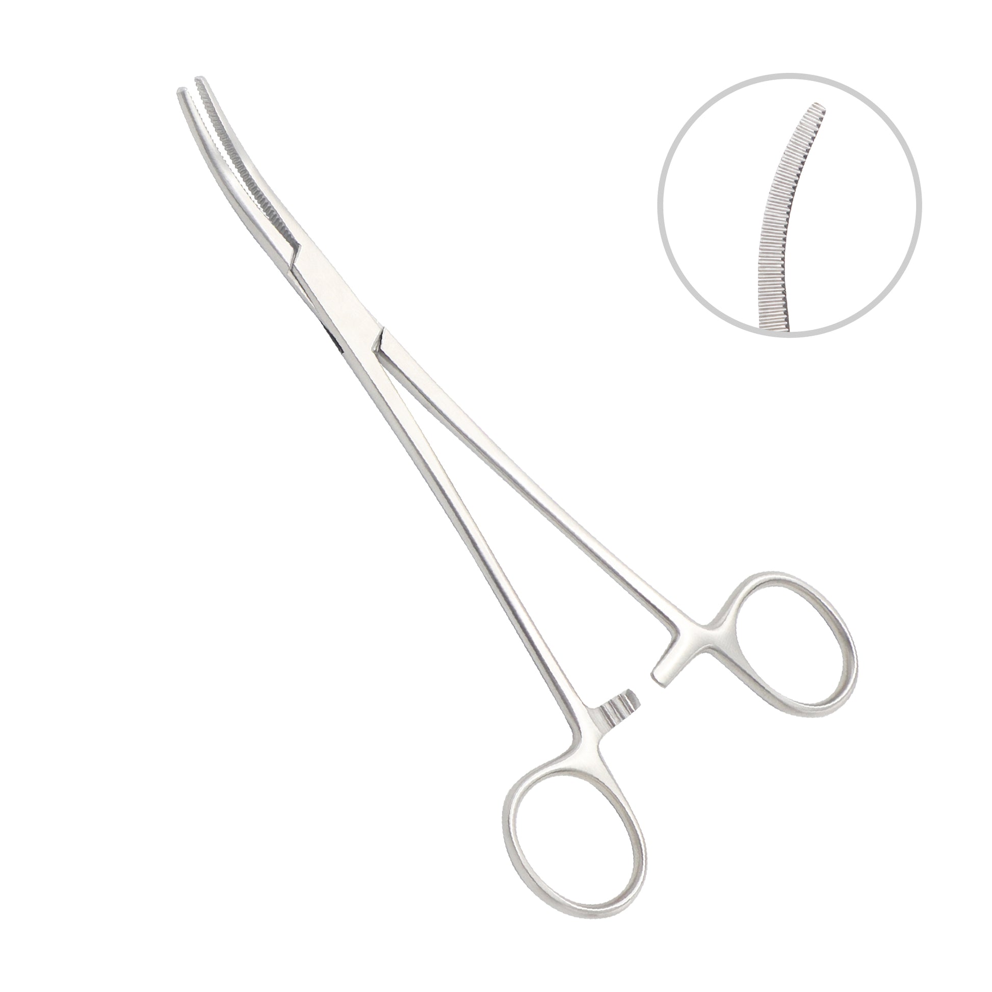 Heiss Hemostatic Forceps featuring curved jaws with 1x2 rat-tooth serrations and a locking ratchet mechanism, 20cm surgical grade stainless steel.