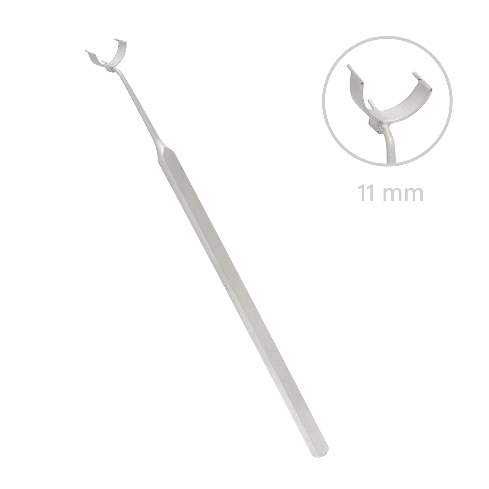 Henderson corneal alignment marker 11mm ophthalmic surgical instrument with a crescent-shaped tip on a white background.