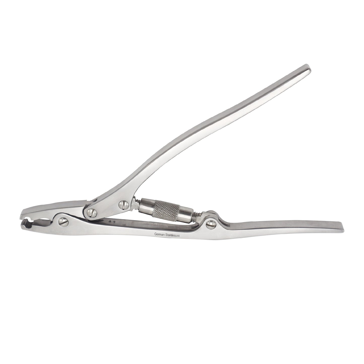 Side view of a 9-inch Hercules Cutter, a heavy-duty stainless steel surgical instrument featuring a double-action joint and textured handles, designed for cutting orthopedic pins and wires.