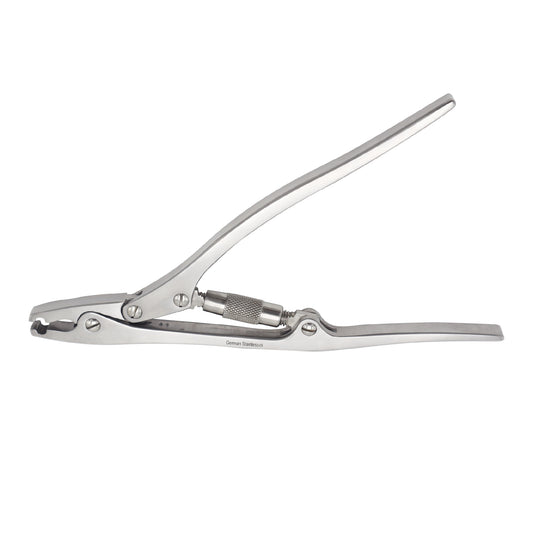 Side view of a 9-inch Hercules Cutter, a heavy-duty stainless steel surgical instrument featuring a double-action joint and textured handles, designed for cutting orthopedic pins and wires.