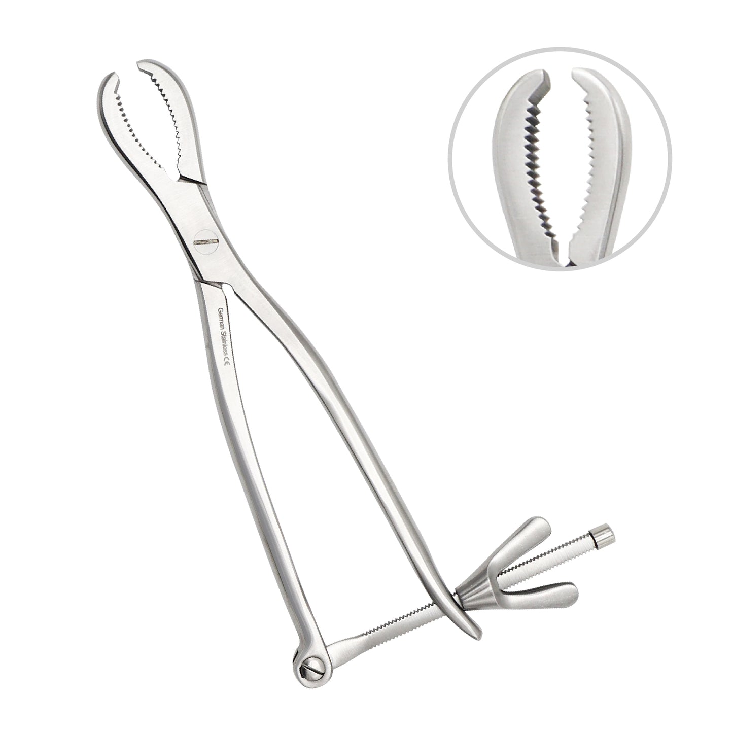 Hey Groves bone holding forceps with serrated jaws and a thread fixation speed lock mechanism, made of German-grade stainless steel for orthopedic surgery.