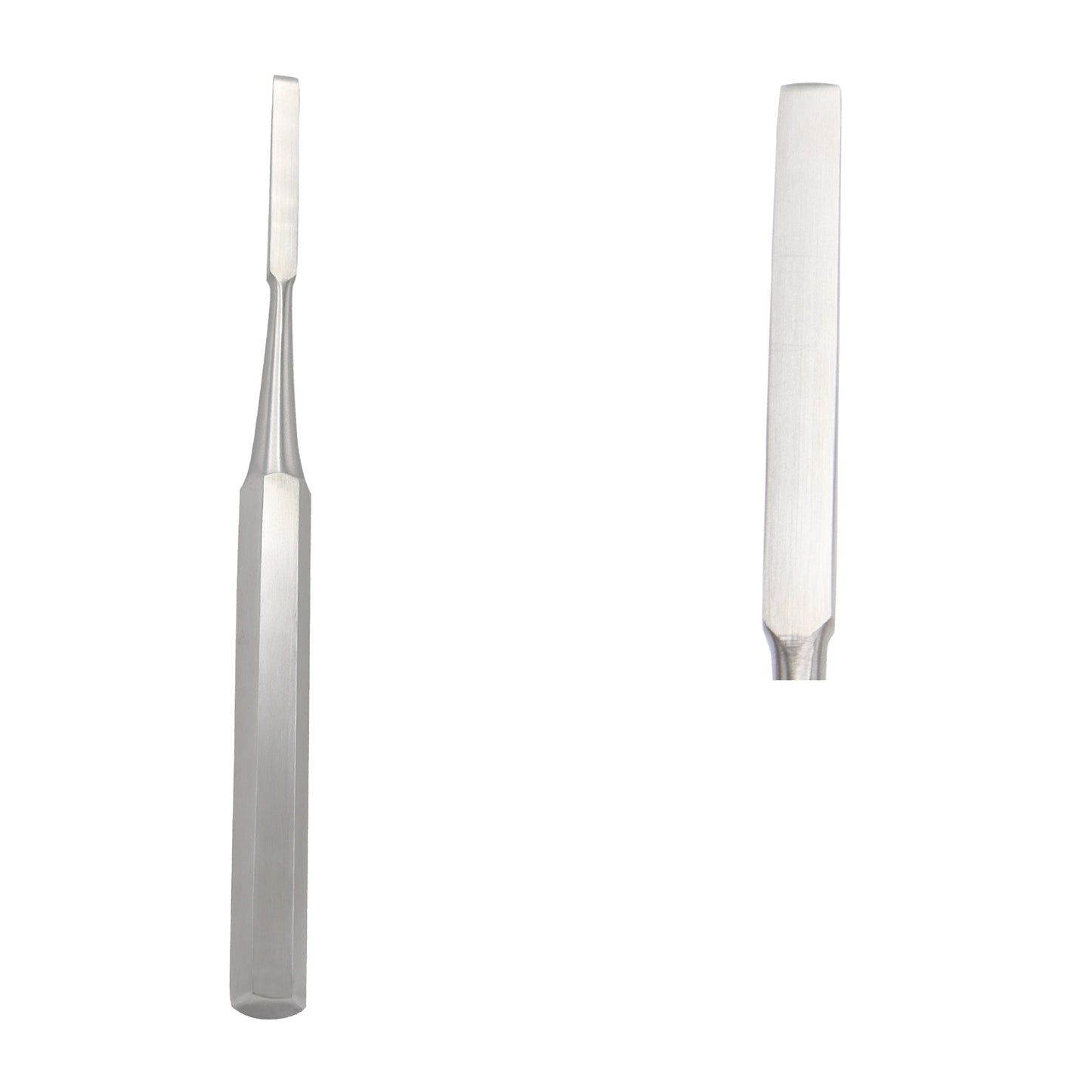 Stainless steel Hibbs orthopedic bone chisel with flat beveled cutting edge.