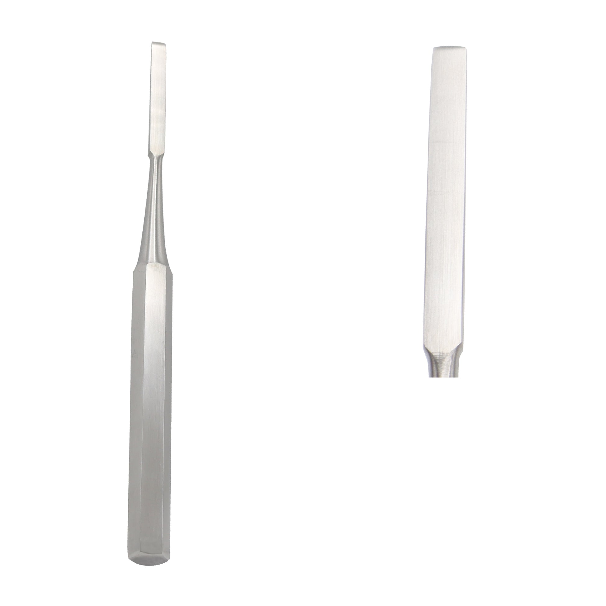 Stainless steel Hibbs orthopedic bone chisel with flat beveled cutting edge.