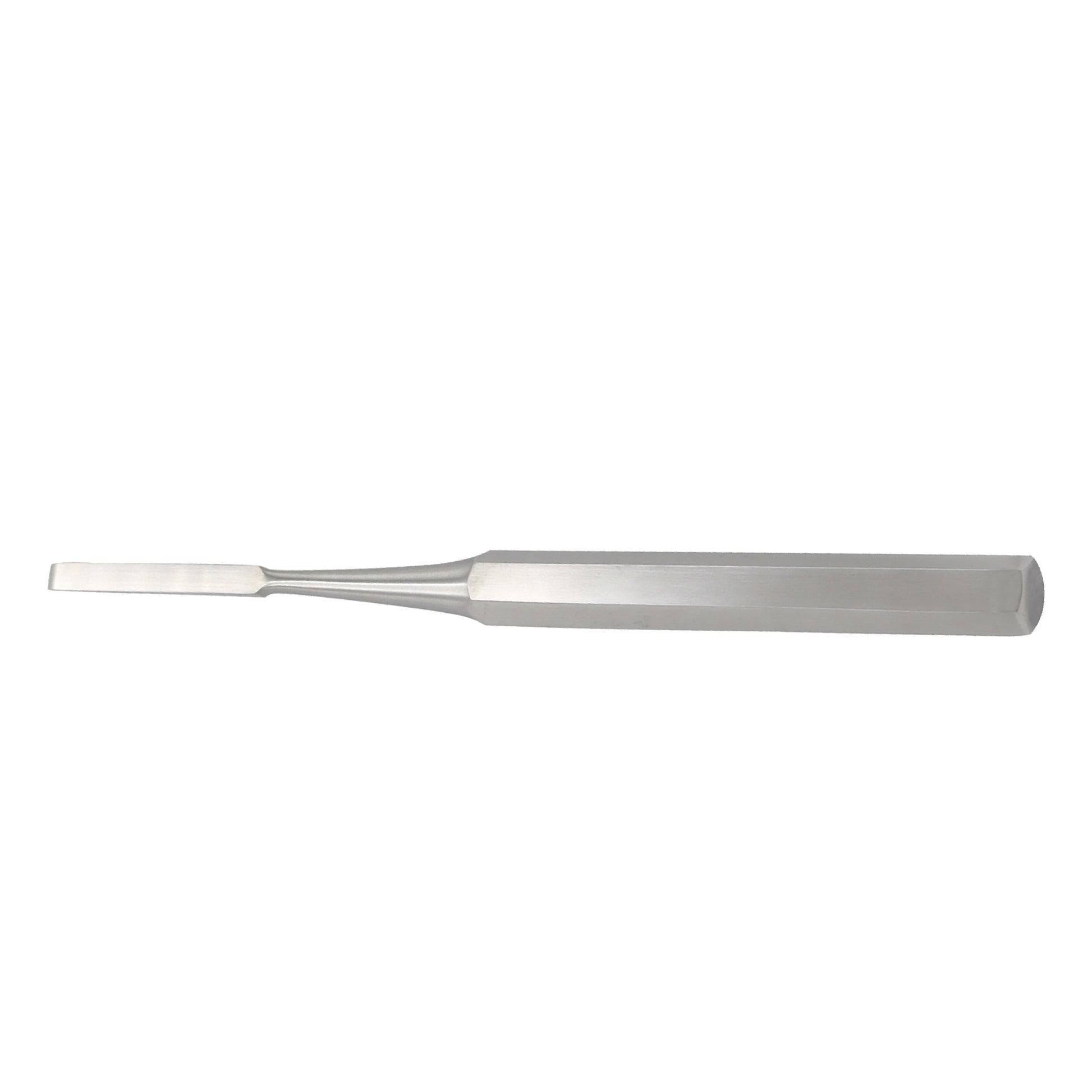 Straight Hibbs bone chisel orthopedic surgical instrument made of stainless steel with a solid hexagonal handle on a white background.