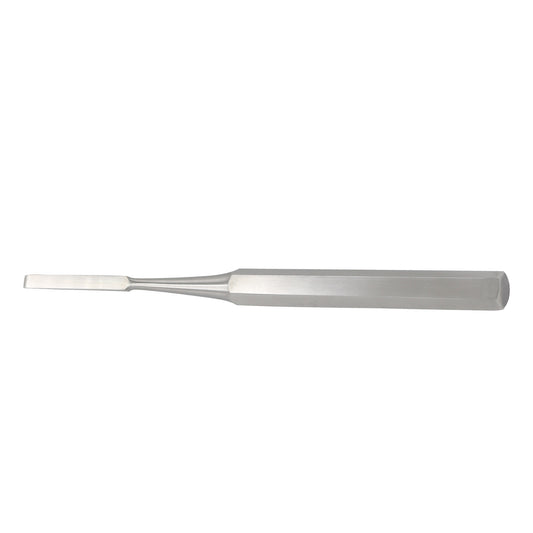 Straight Hibbs bone chisel orthopedic surgical instrument made of stainless steel with a solid hexagonal handle on a white background.