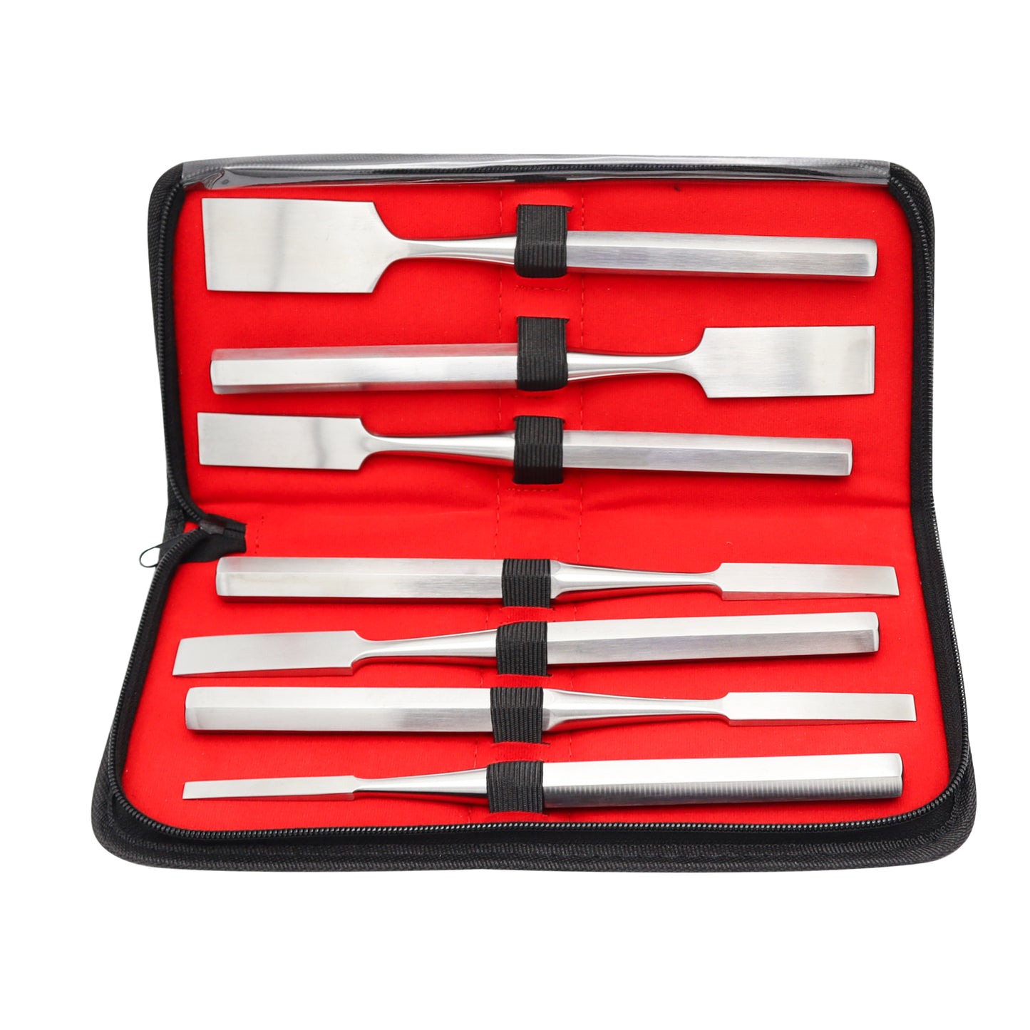 A 7-piece set of stainless steel Hibbs osteotome orthopedic surgical instruments arranged flat inside an open black zippered carrying case with a bright red interior.