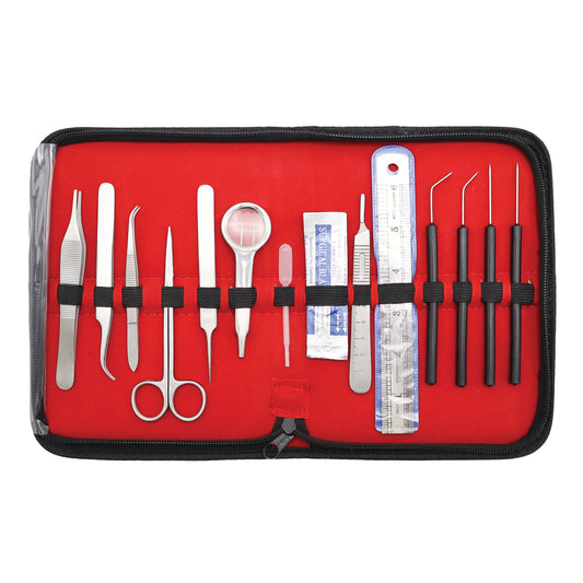 A high-quality student anatomy kit displayed with various medical instruments including needles, scissors, a ruler, and other tools neatly arranged in a red case.