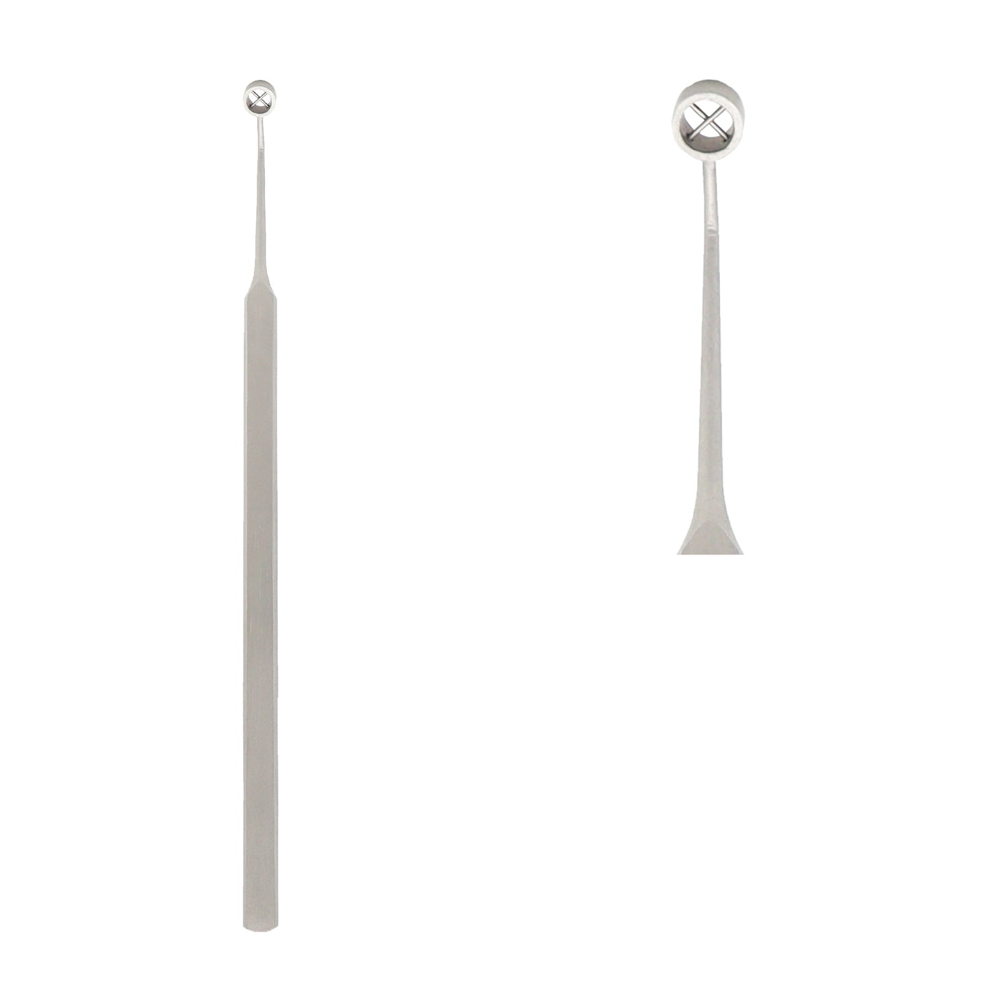 Stainless steel Hoffer corneal marker with cross hairs and flat handle base, shown in front and zoomed tip viewpoints on a white background.
