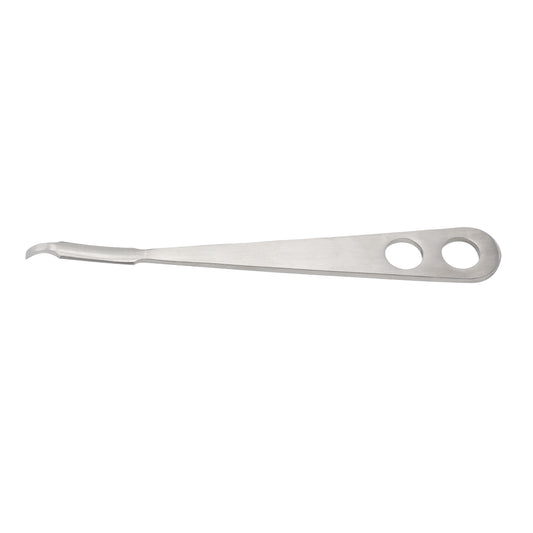 Single-ended stainless steel Hohmann retractor bone lever with a curved drop-tip blade and a flat tapered handle featuring two circular holes, isolated on a white background.
