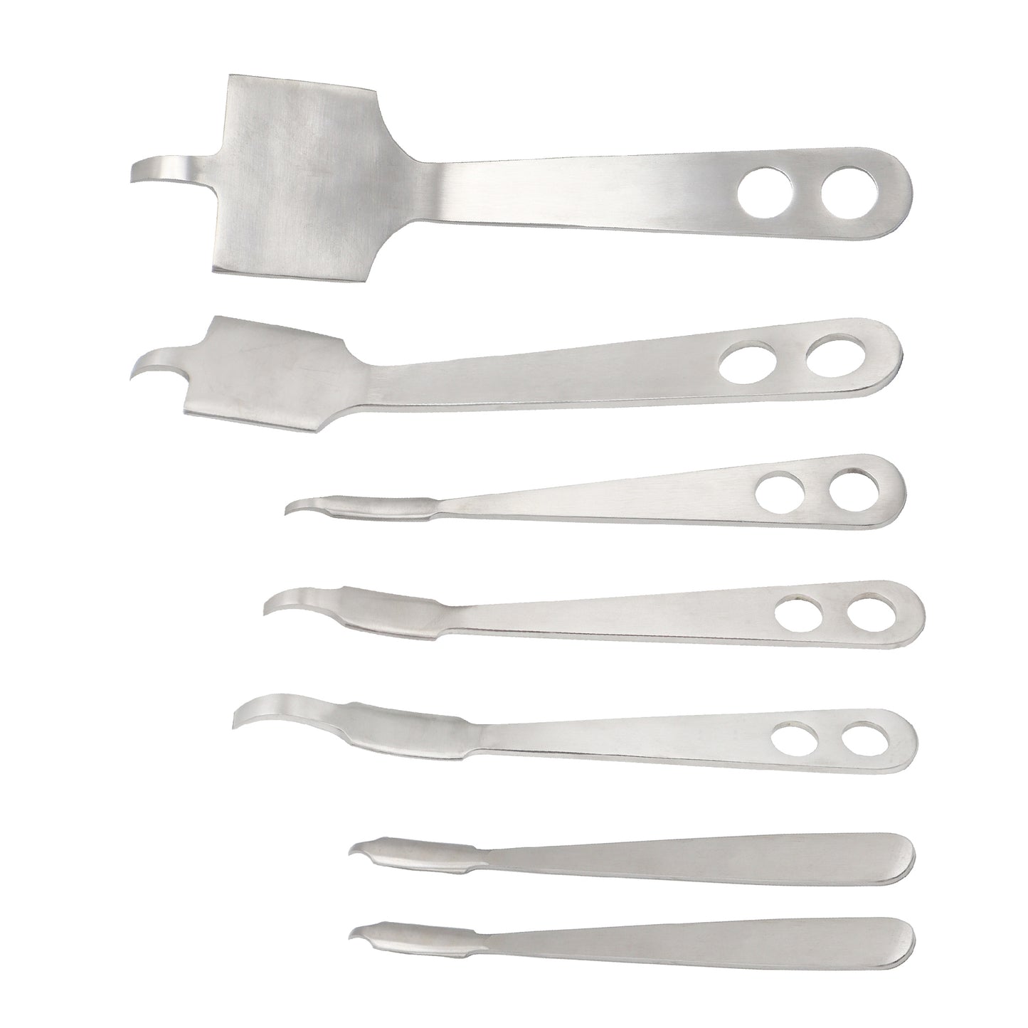 Stainless steel Hohmann tissue retractor set for orthopedic surgical procedures, arranged horizontally on a white background.