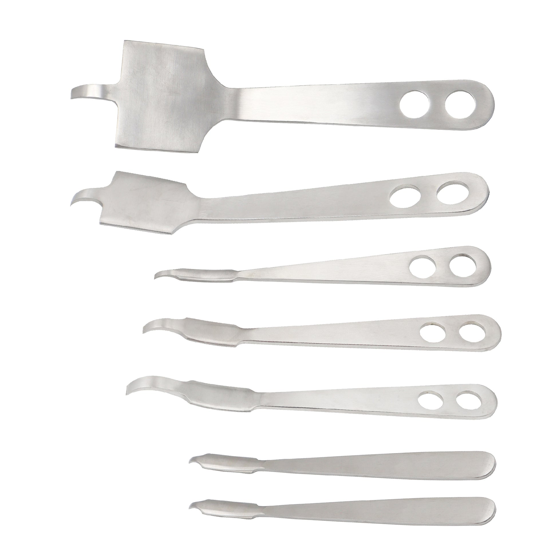 Stainless steel Hohmann tissue retractor set for orthopedic surgical procedures, arranged horizontally on a white background.