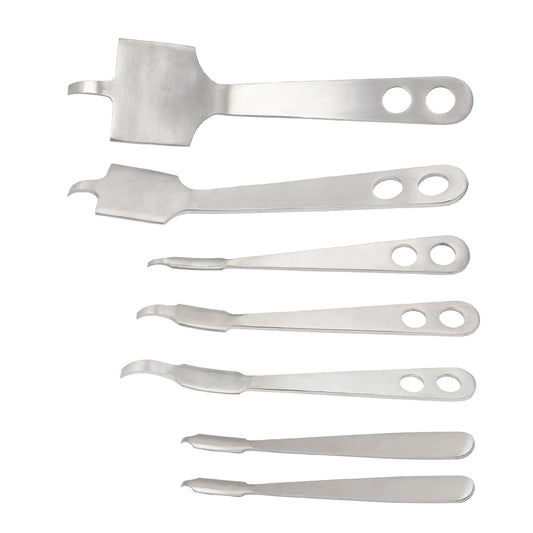 Stainless steel Hohmann tissue retractor set for orthopedic surgical procedures, arranged horizontally on a white background.