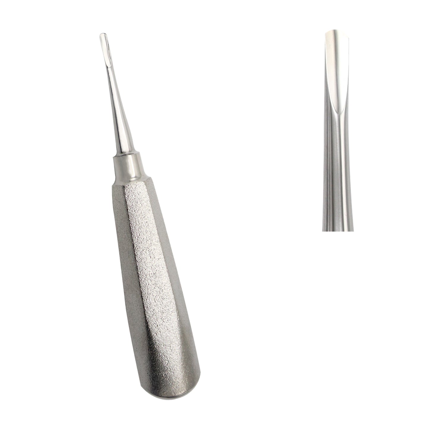 Hu-Friedy dental extraction luxating elevator featuring a sharp straight surgical steel tip and a number 510 large tapered hexagonal stainless steel handle.