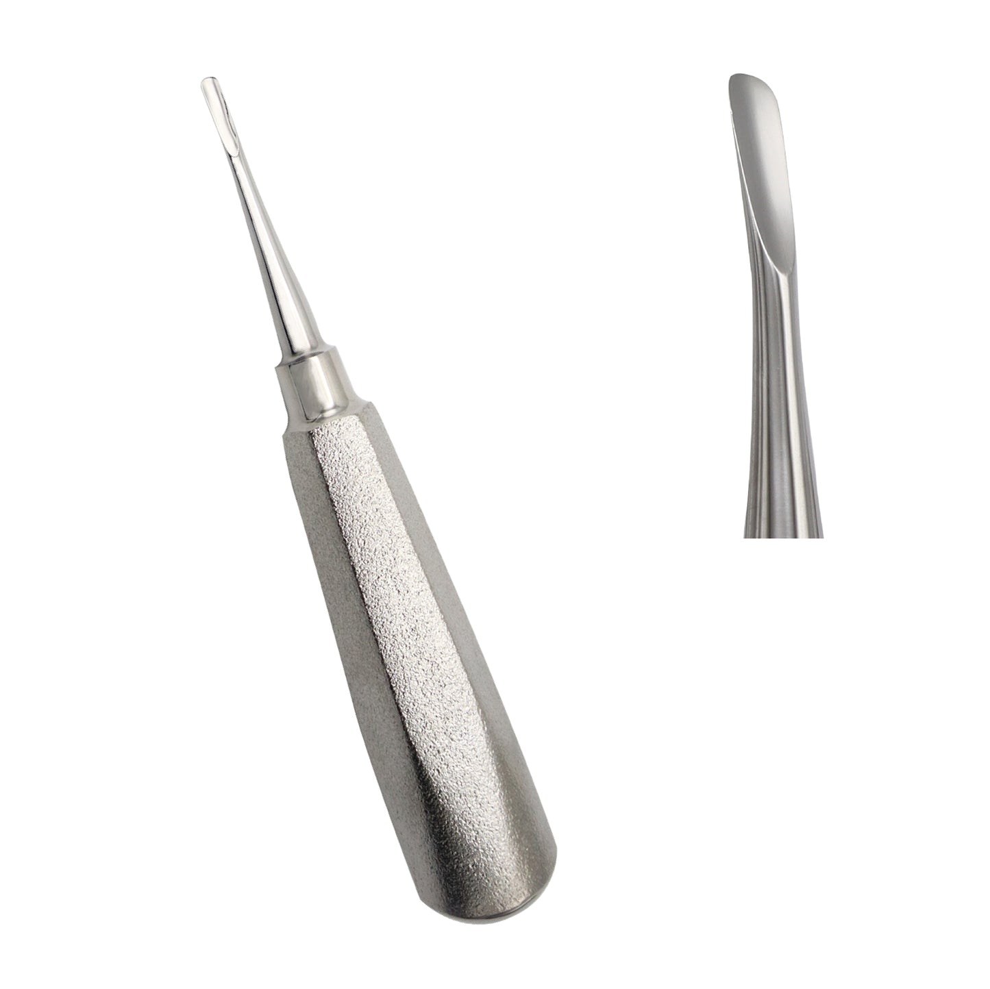 Hu-Friedy straight dental luxating elevator with a stainless steel hexagonal handle and sharp precision blade for tooth extraction.