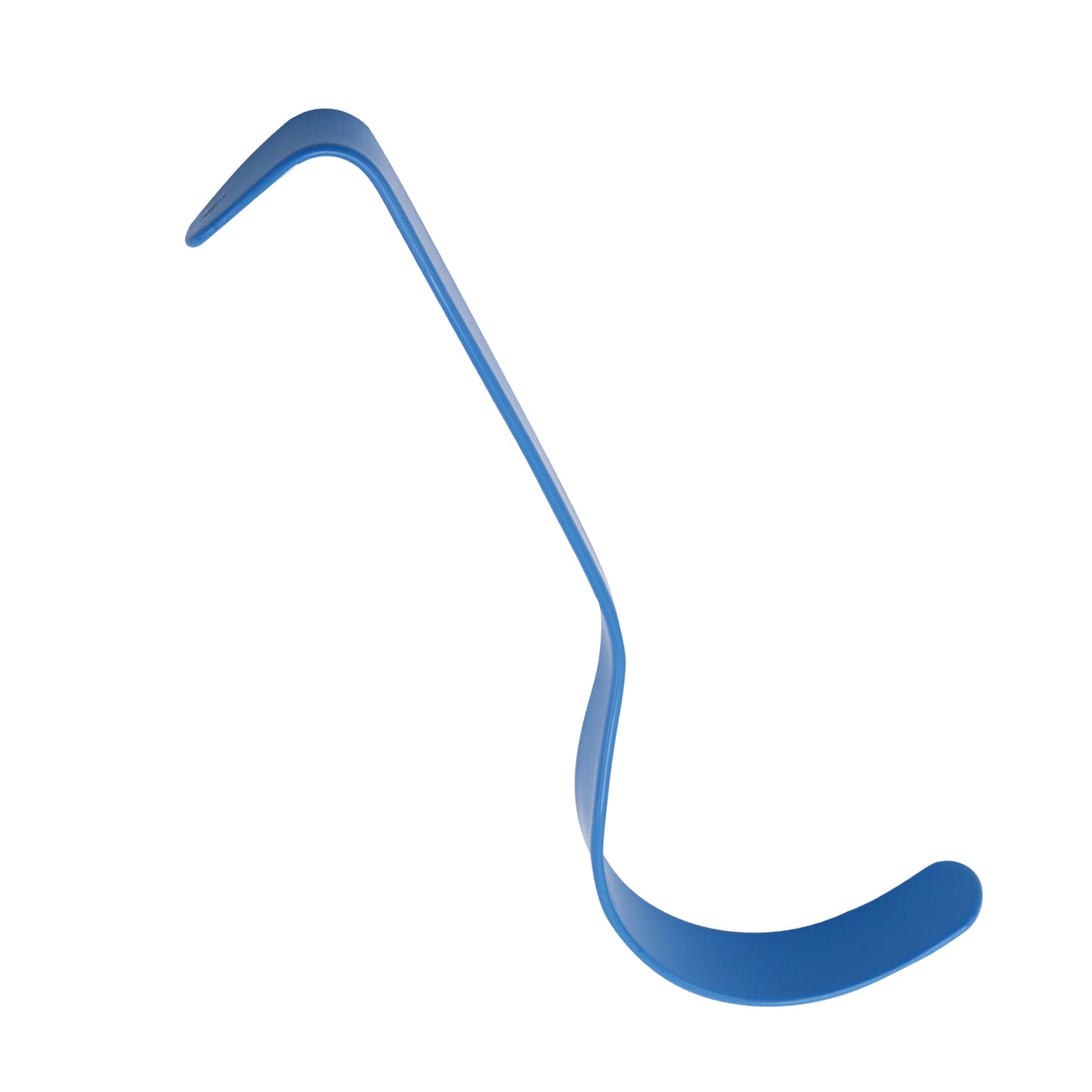 A professional 3D render of a blue-coated Deaver retractor featuring a deep curved blade and a question-mark shape. The tool is shown with a non-conductive insulation coating, designed for safety during electrosurgical procedures.