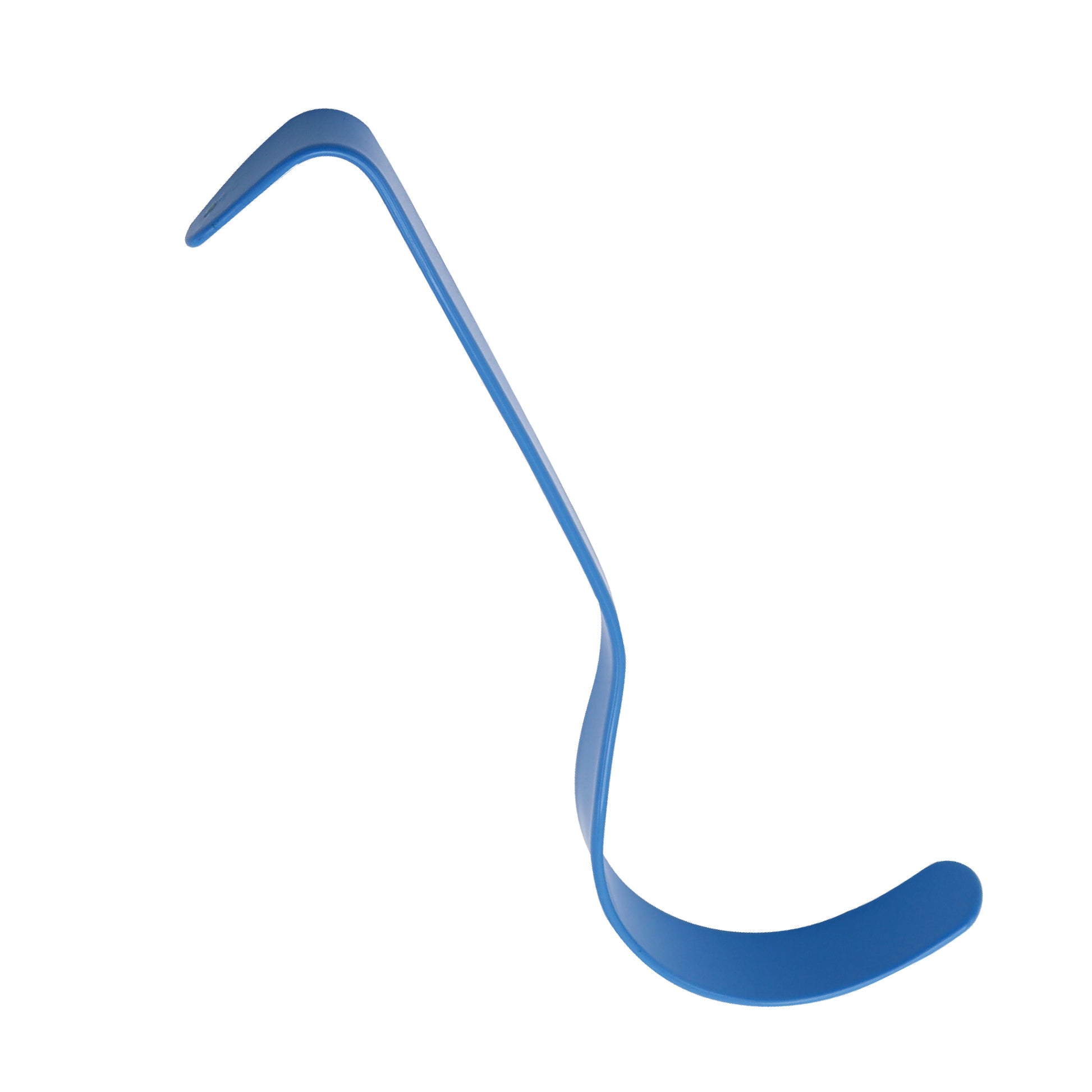 Blue non-conductive insulated Deaver retractor with a deep curved blade for abdominal surgery, shown on a white background.