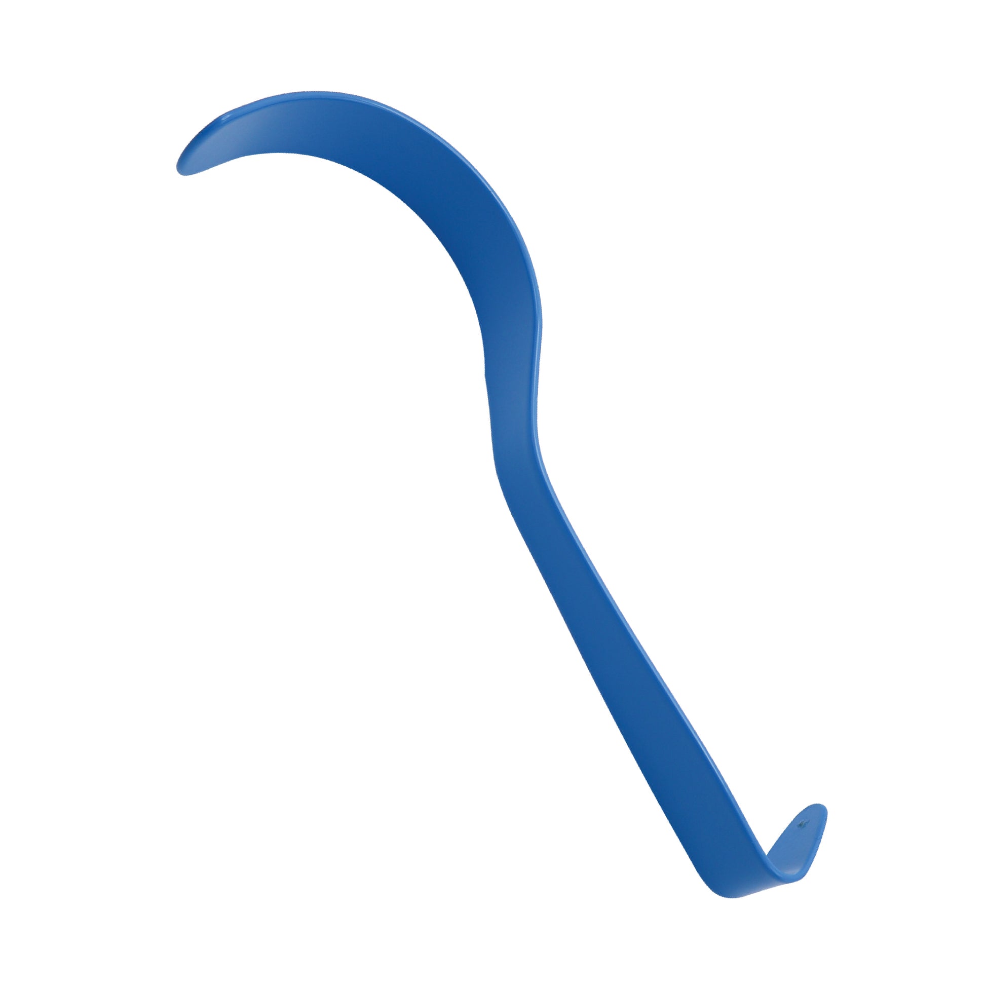 A blue insulated Deaver retractor with a deep question-mark shaped curved blade and flat handle, designed for non-conductive safety during electrosurgical procedures.