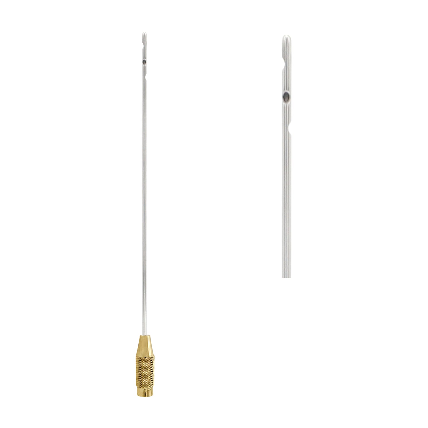 A stainless steel liposuction cannula featuring a knurled gold-plated handle and multiple lateral aspiration ports at the tip.
