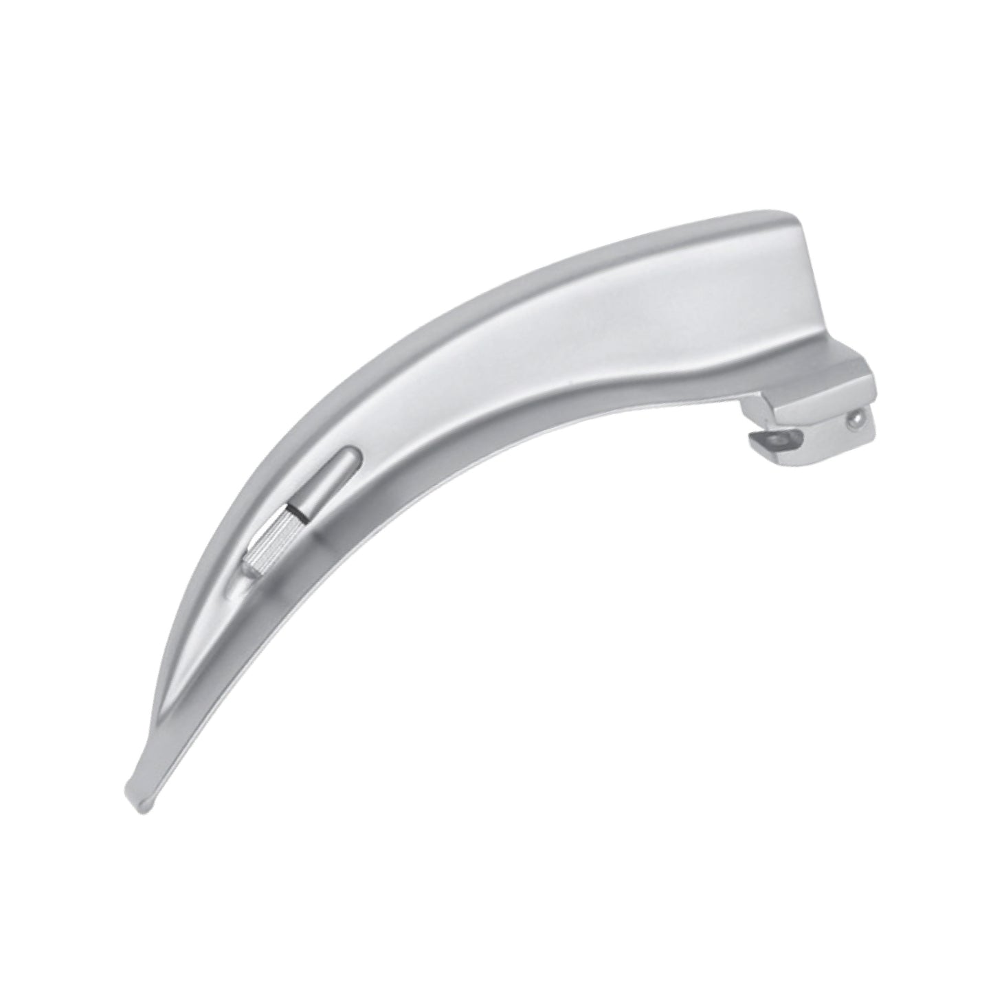Curved stainless steel Macintosh laryngoscope blade for airway management, featuring an integrated fiber optic light guide and a standard mounting base.