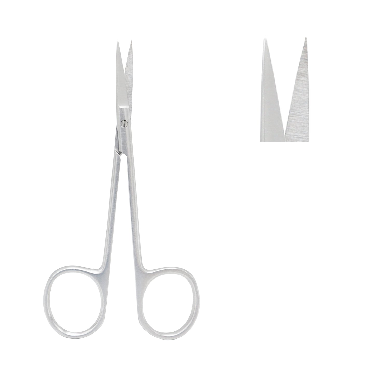 A pair of straight, silver-colored stainless steel Iris scissors with sharp, pointed tips and circular finger rings, displayed against a white background with a close-up of the blade tips shown in the upper right.