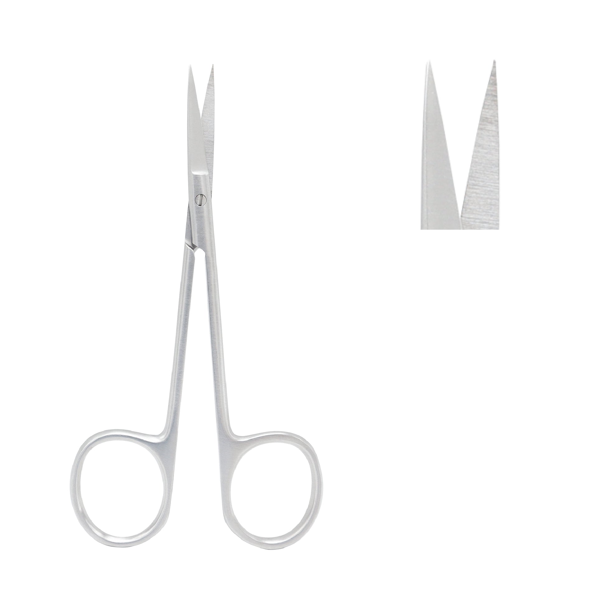 A pair of straight, silver-colored stainless steel Iris scissors with sharp, pointed tips and circular finger rings, displayed against a white background with a close-up of the blade tips shown in the upper right.