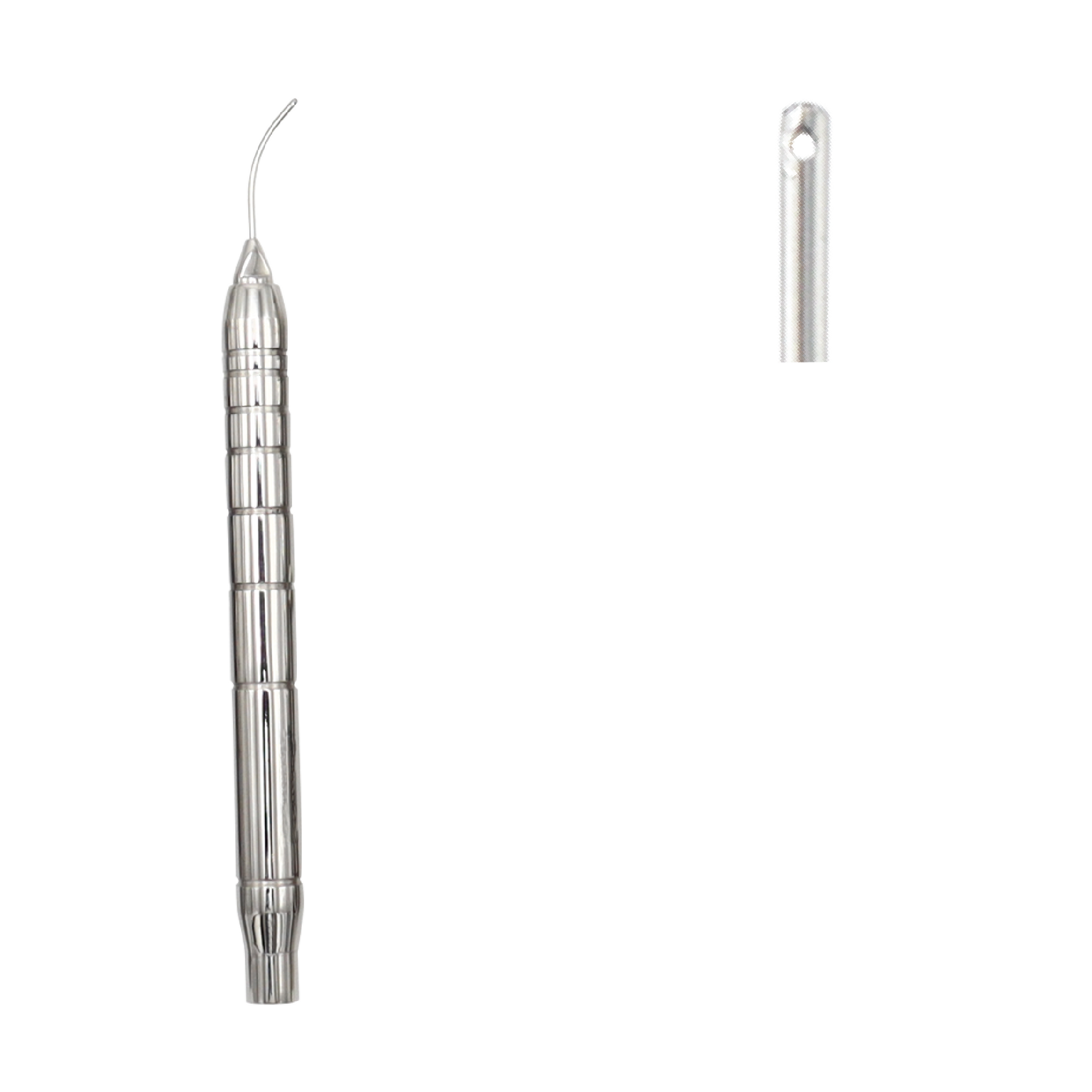 Stainless steel irrigating handpiece featuring a textured cylindrical handle and a curved conical tip for ophthalmic surgery, with a close-up inset of the irrigation port.