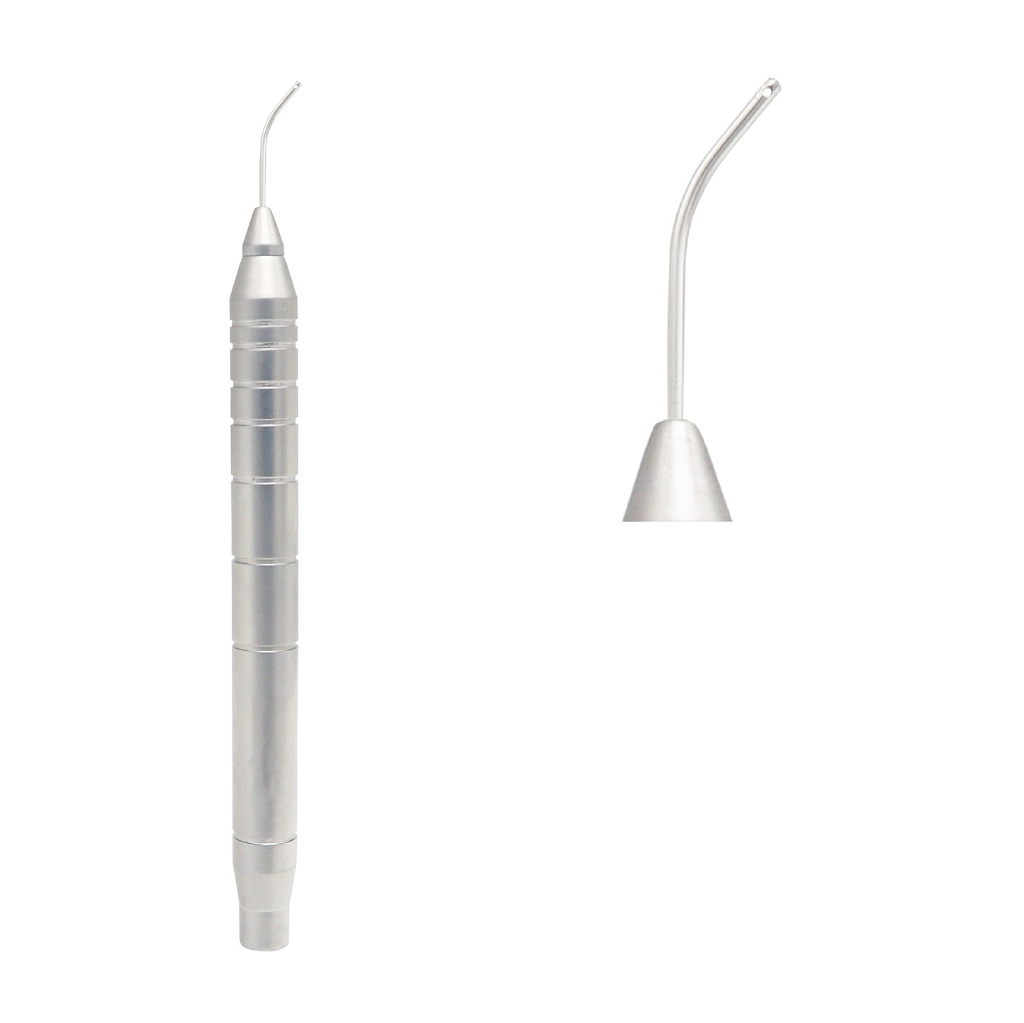 Side view of 21 ga stainless steel Irrigating Cannula Handpiece with 11 cm overall length