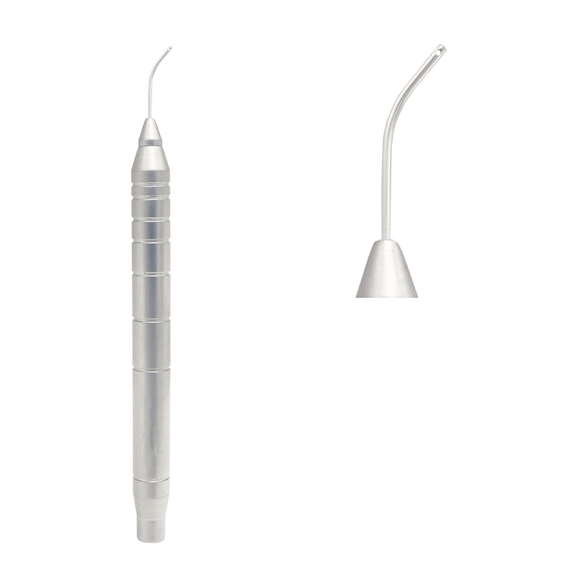 Side view of 21 ga stainless steel Irrigating Cannula Handpiece with 11 cm overall length