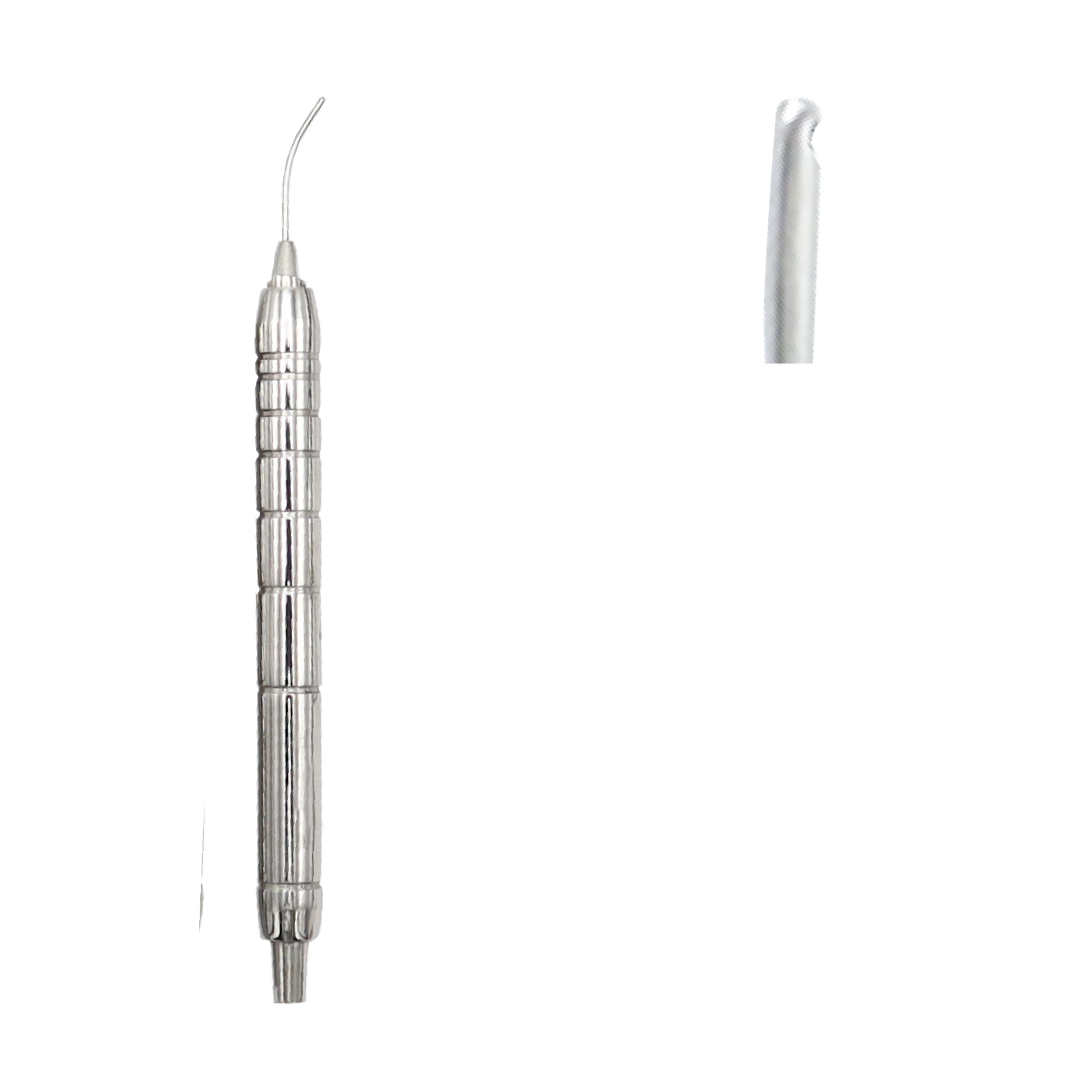 Stainless steel ophthalmic irrigating handpiece featuring a ribbed ergonomic handle, a curved conical tip, and dual 0.5 mm irrigation ports.