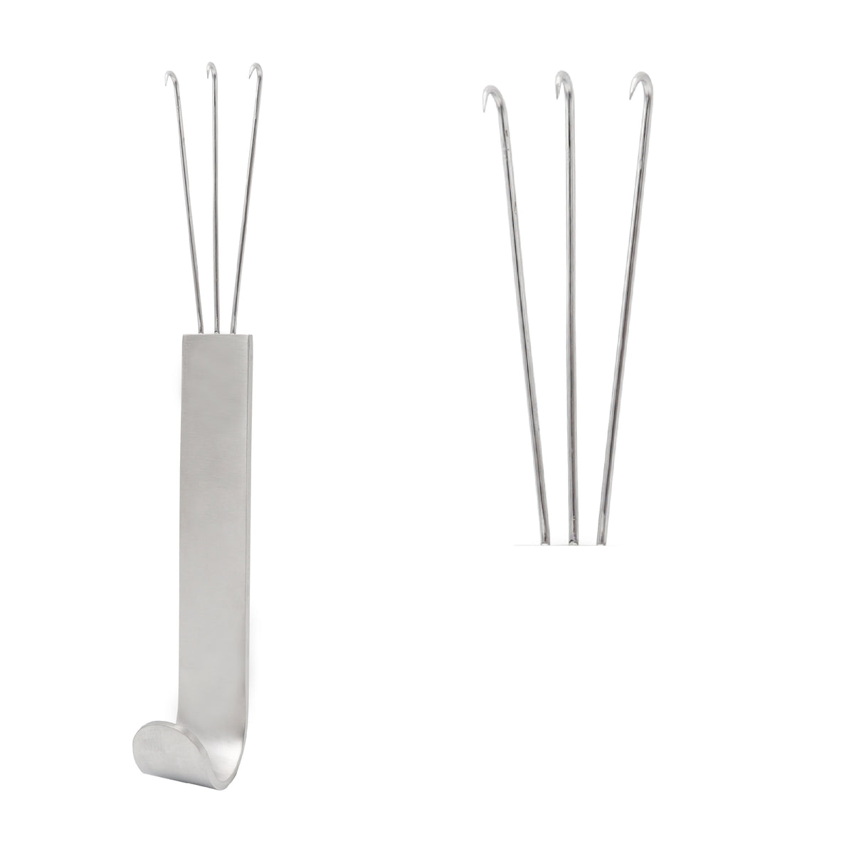 An Israel skin retractor surgical instrument made of stainless steel, featuring a flat handle with a hooked thumb grip at the bottom and three thin, curved prongs extending from the top, shown alongside a close-up view of the prong tips.