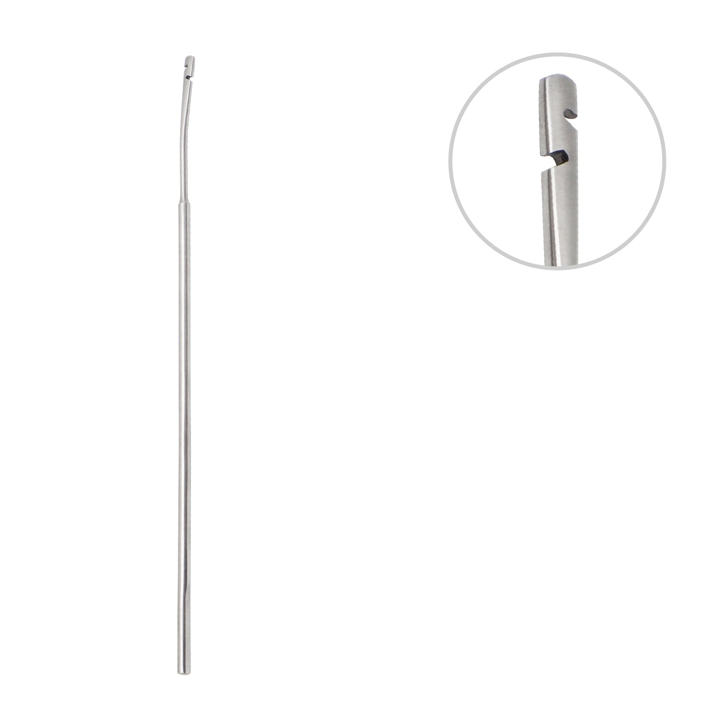 Crochet-type stainless steel IUD extractor hook gynecological instrument featuring a long, slim rigid shaft with a magnified inset circle highlighting the dual-slot lateral grasping tip used for retrieving intrauterine device strings.