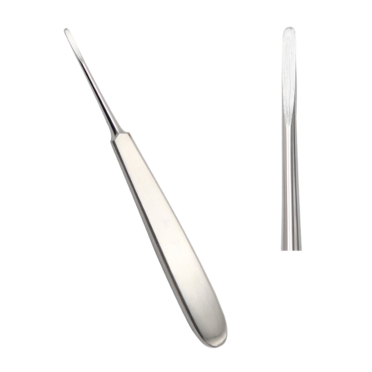 Surgical steel Joseph periosteal elevator instrument featuring a flat ergonomic handle, narrow neck, and a slightly curved, rounded blade tip shown from two angles against a white background.