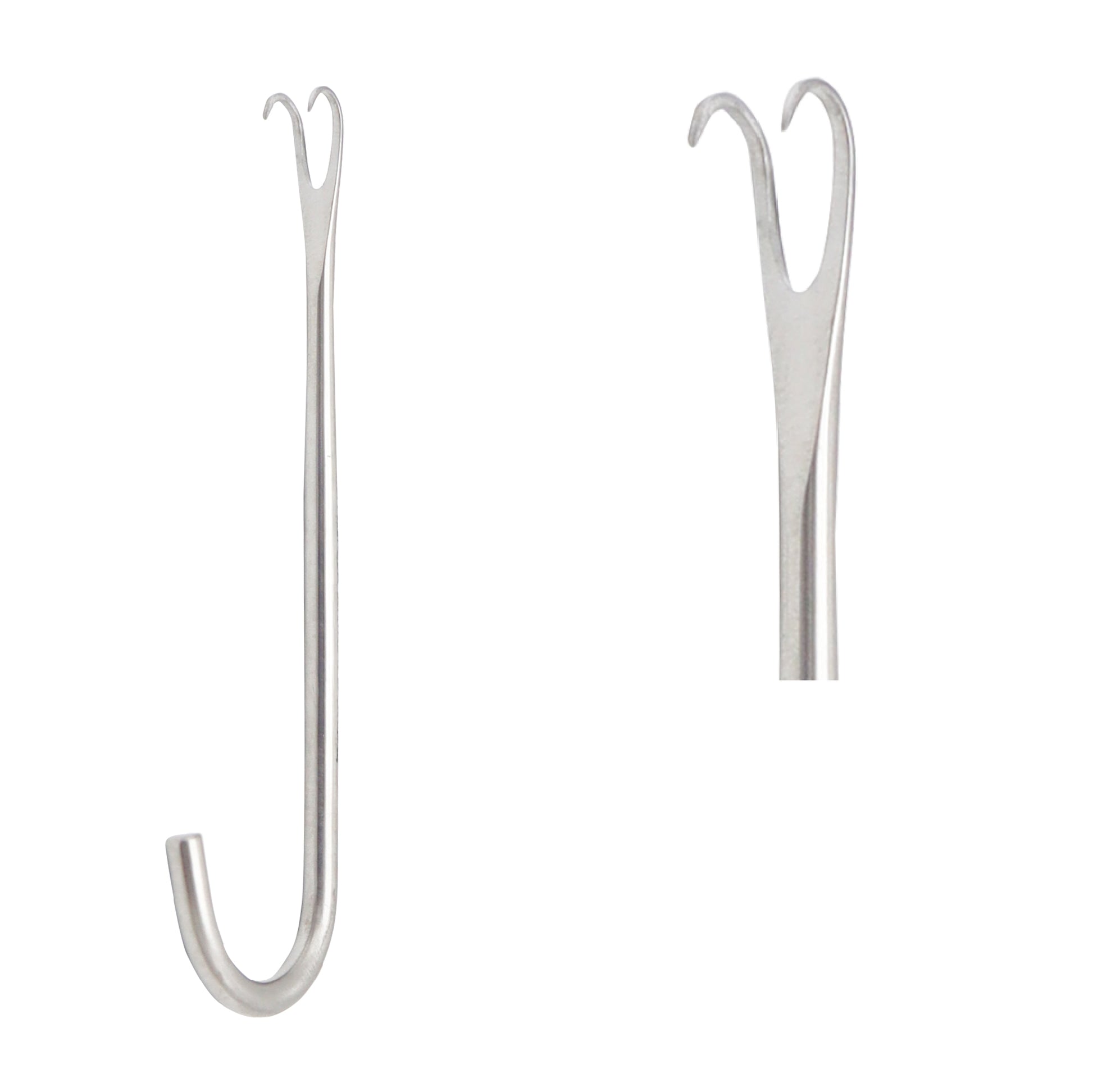 A stainless steel Joseph Skin Hook with two sharp prongs and a curved handle, commonly used in plastic and general surgery for delicate tissue retraction.