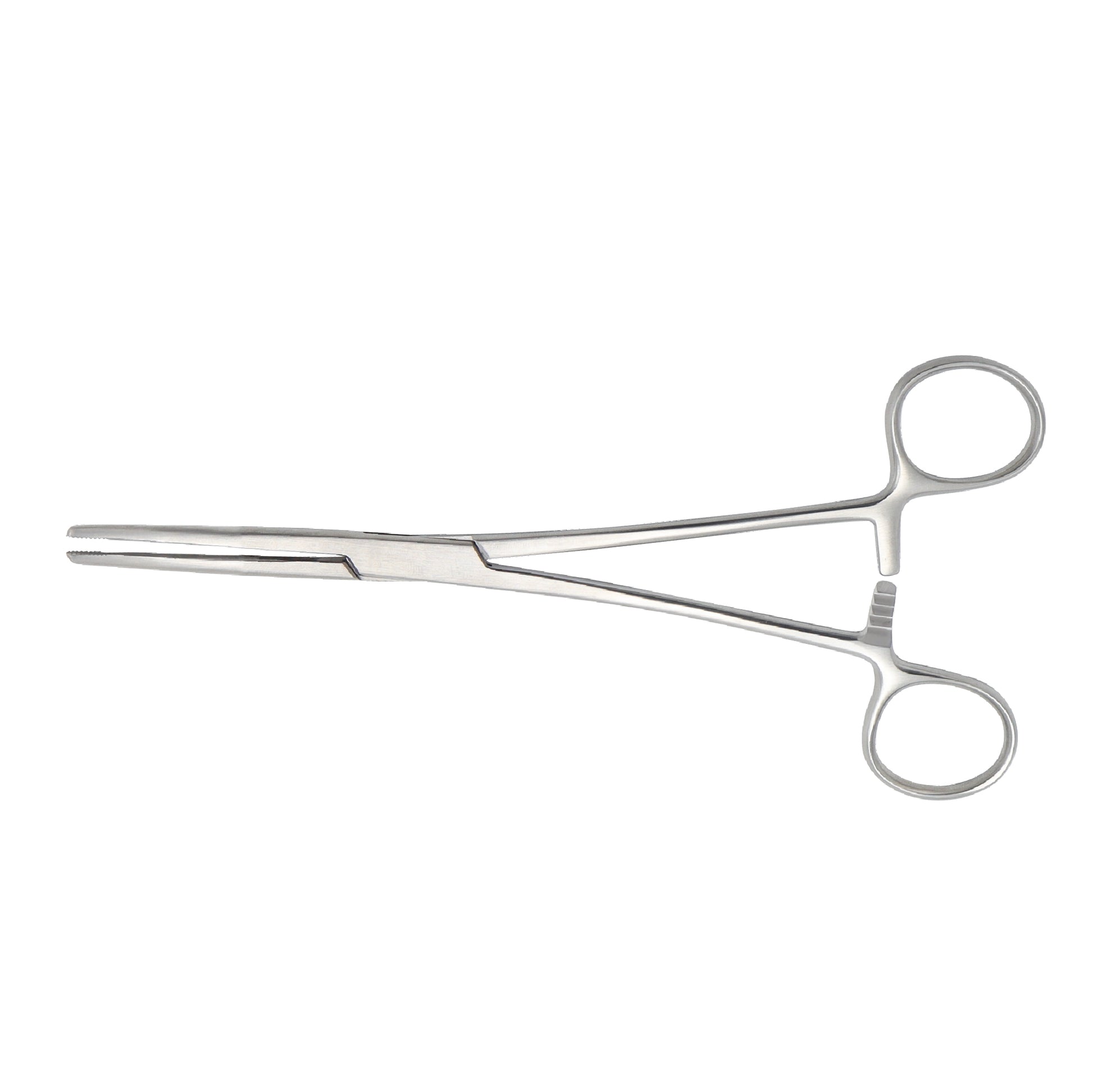 Straight Kelly hemostatic forceps made of surgical-grade stainless steel, featuring serrated jaws and a multi-position ratchet locking mechanism for secure clamping.
