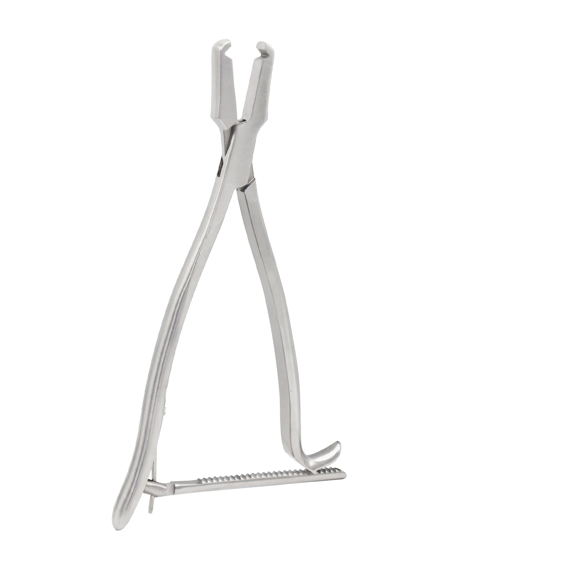 Kern Bone Holding Forceps with a ratcheted locking mechanism, featuring heavy serrated jaws and a stainless steel triangular frame for orthopedic surgery.