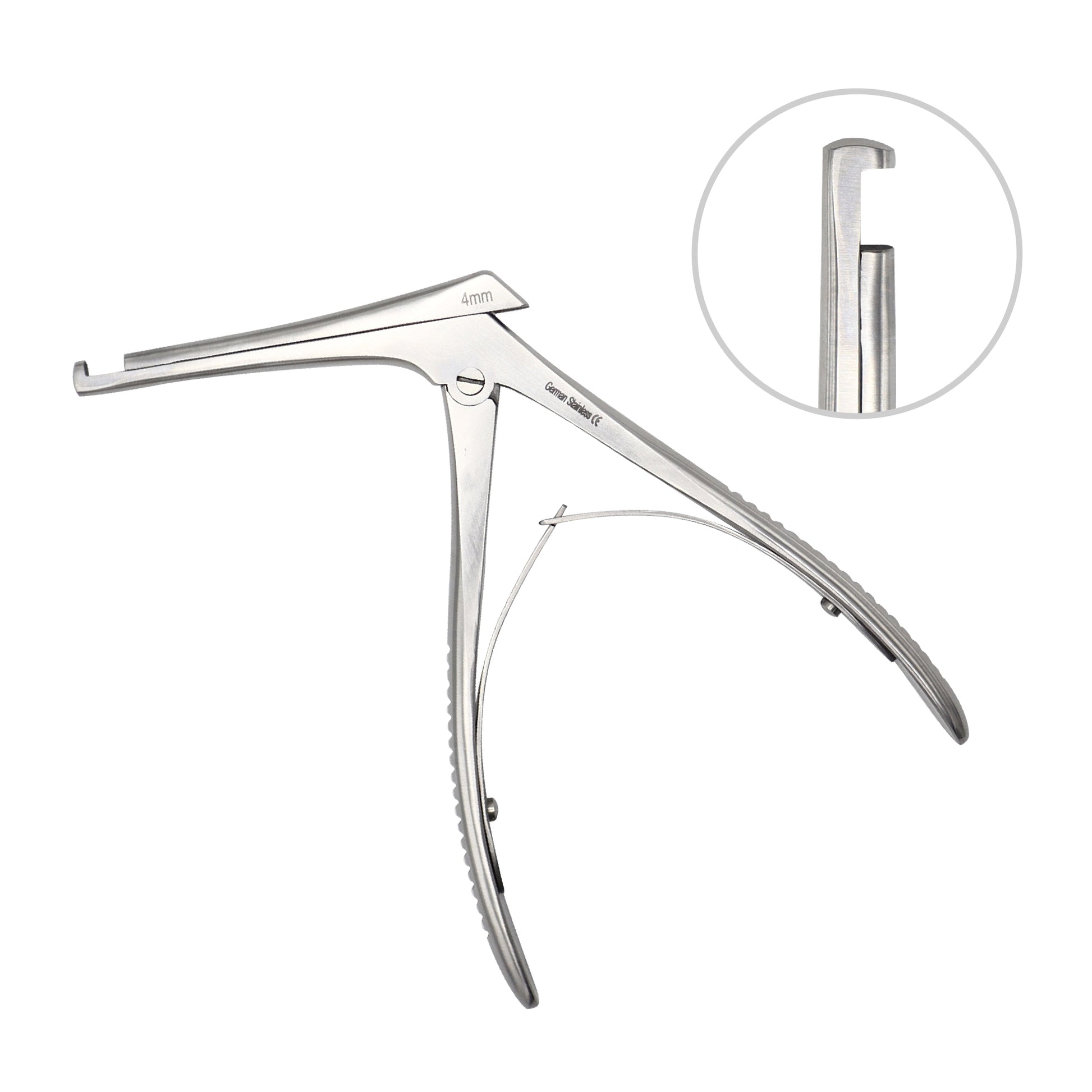 Medical-grade 4mm Kerrison cervical rongeur surgical instrument for bone and tissue resection.