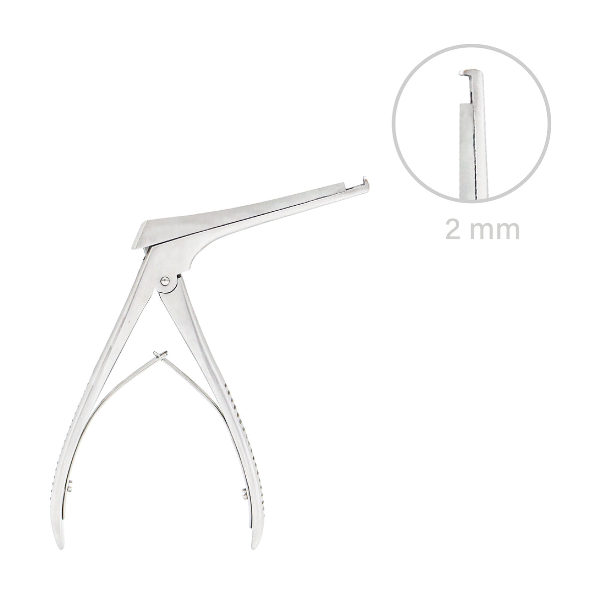 Stainless steel Kerrison Rongeur bone punch forceps with a close-up diagram highlighting a 90-degree 2mm up-biting tip mechanism.