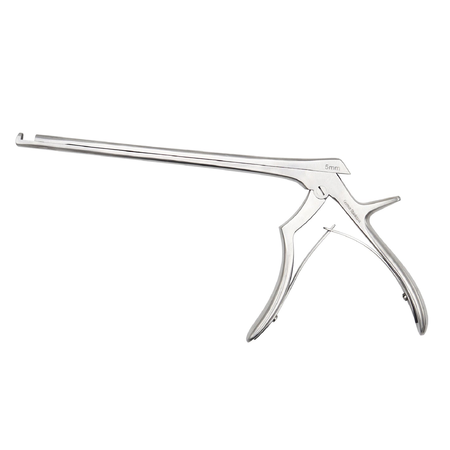 Stainless steel Kerrison Rongeur surgical bone punch with a 5mm up-biting jaw and pistol-grip handle, shown on a white background.