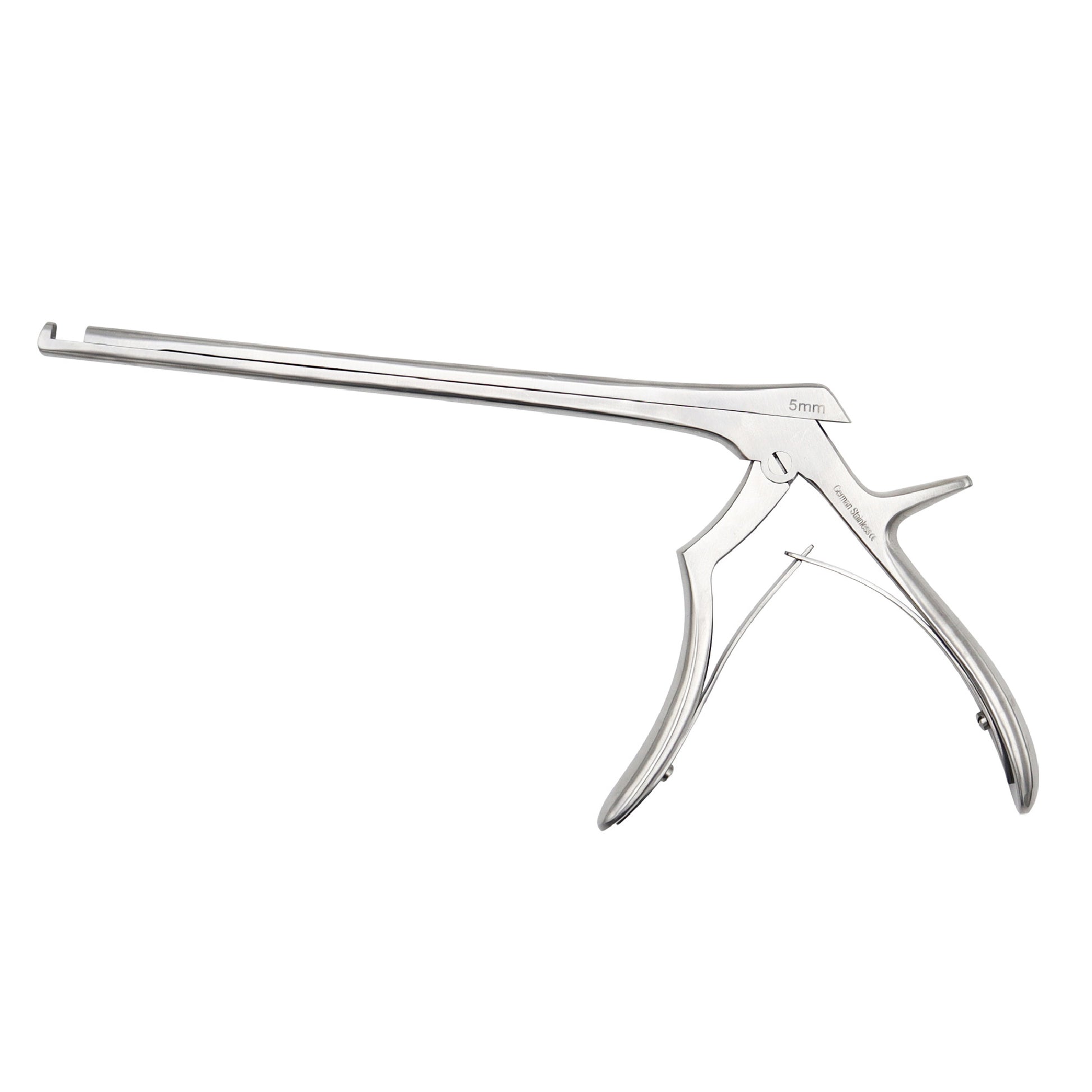 Stainless steel Kerrison Rongeur surgical bone punch with a 5mm up-biting jaw and pistol-grip handle, shown on a white background.