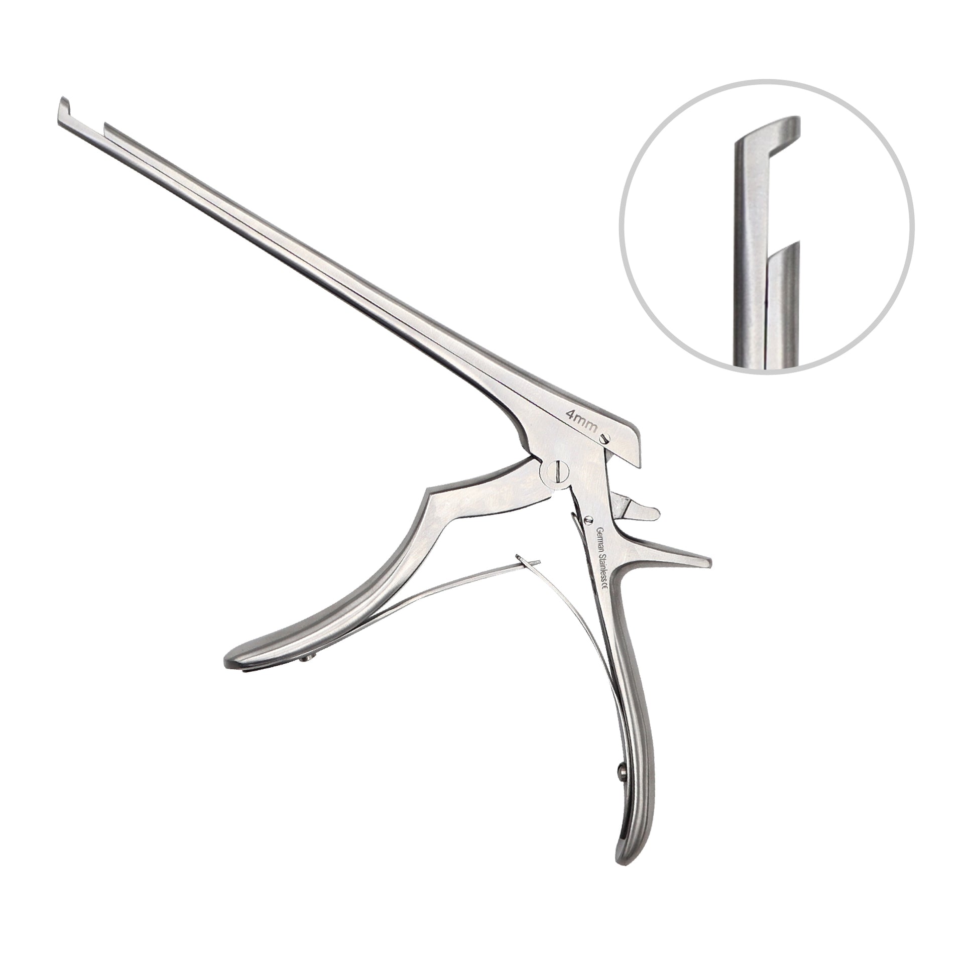 Stainless steel Kerrison rongeur surgical bone punch with a 4mm upbite jaw configuration, displayed on a clean white background with a zoomed-in circular inset detail of the cutting tip.