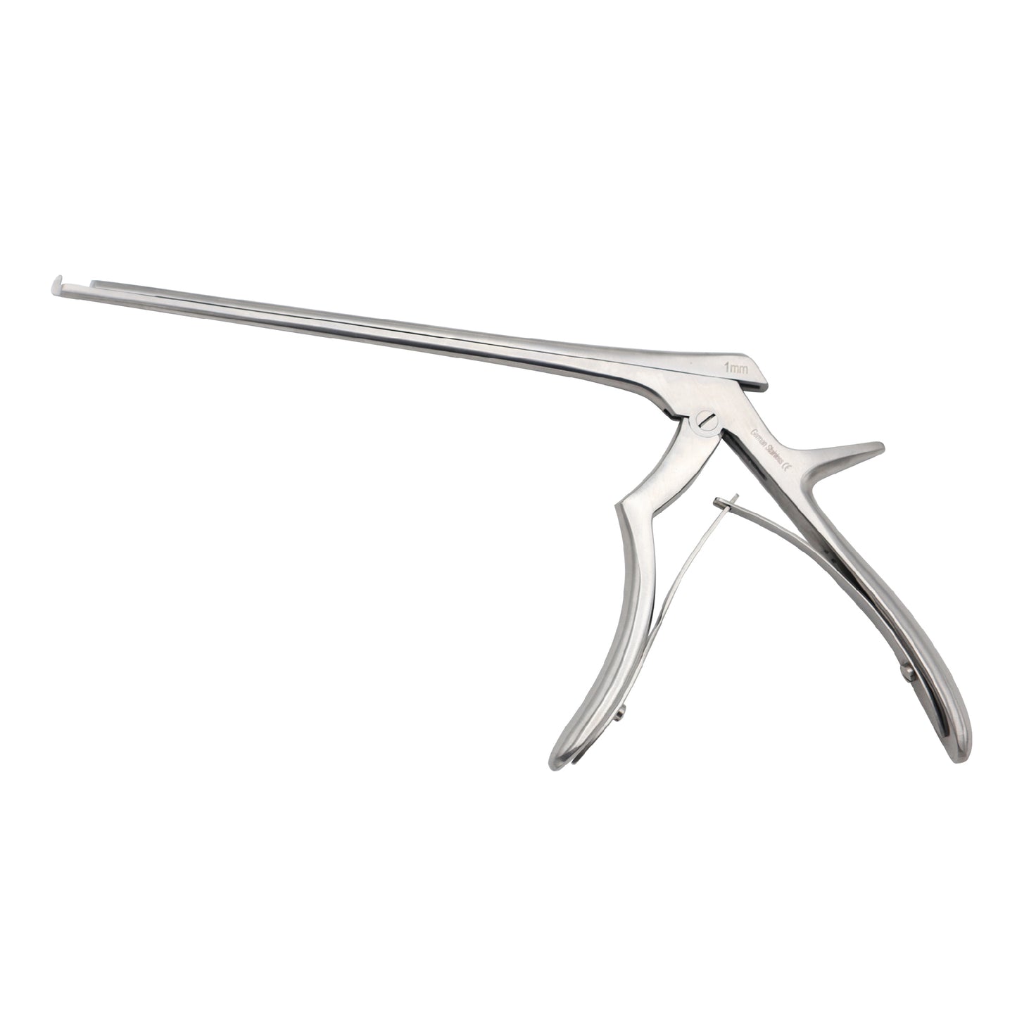 Side view of a stainless steel Kerrison Rongeur surgical instrument, featuring a long thin shaft, a 40-degree upward-cutting tip, and ergonomic handle grips for precise bone removal during spinal surgery.