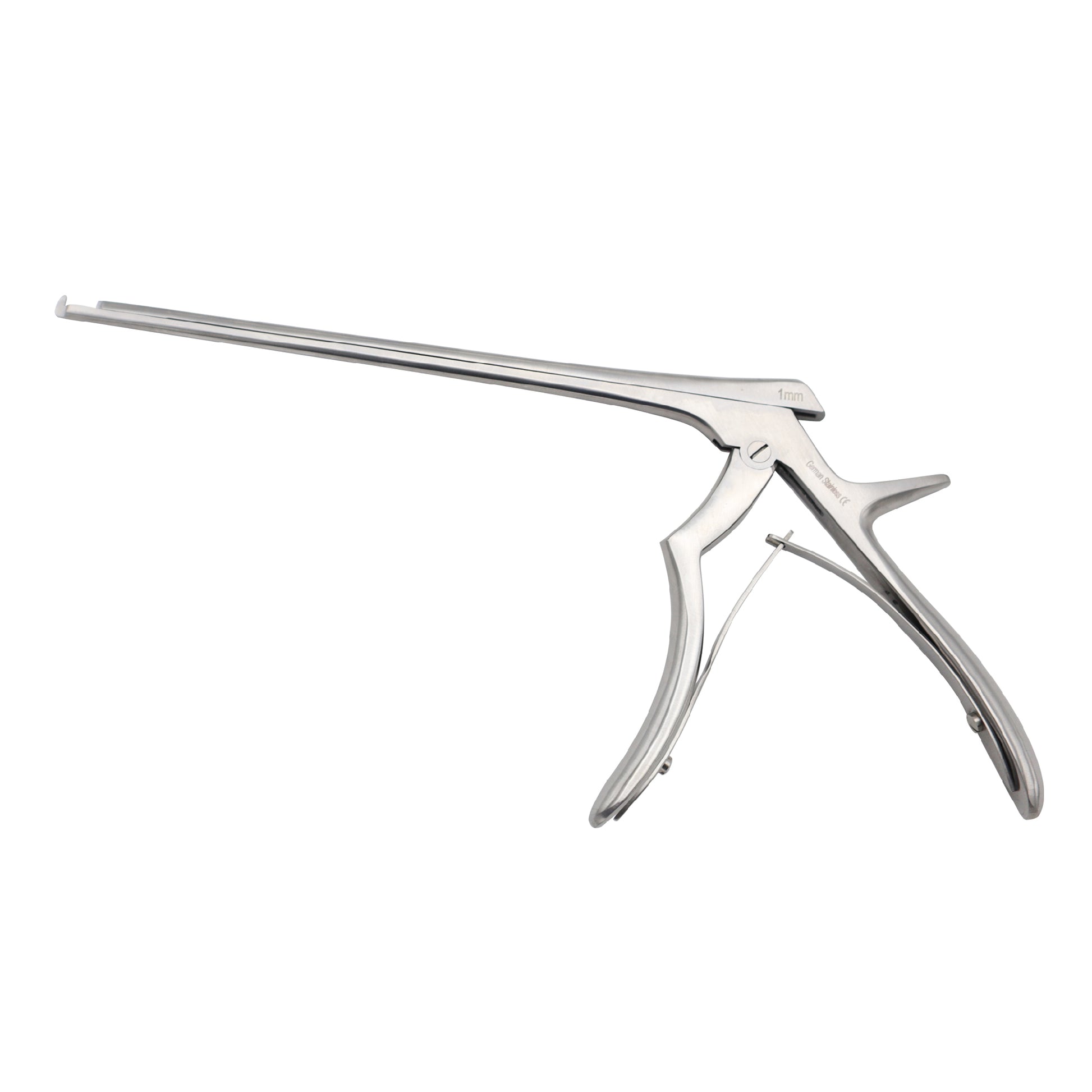 Side view of a stainless steel Kerrison Rongeur surgical instrument, featuring a long thin shaft, a 40-degree upward-cutting tip, and ergonomic handle grips for precise bone removal during spinal surgery.