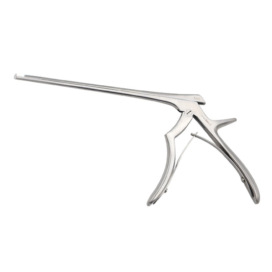 Side view of a stainless steel Kerrison Rongeur surgical instrument, featuring a long thin shaft, a 40-degree upward-cutting tip, and ergonomic handle grips for precise bone removal during spinal surgery.
