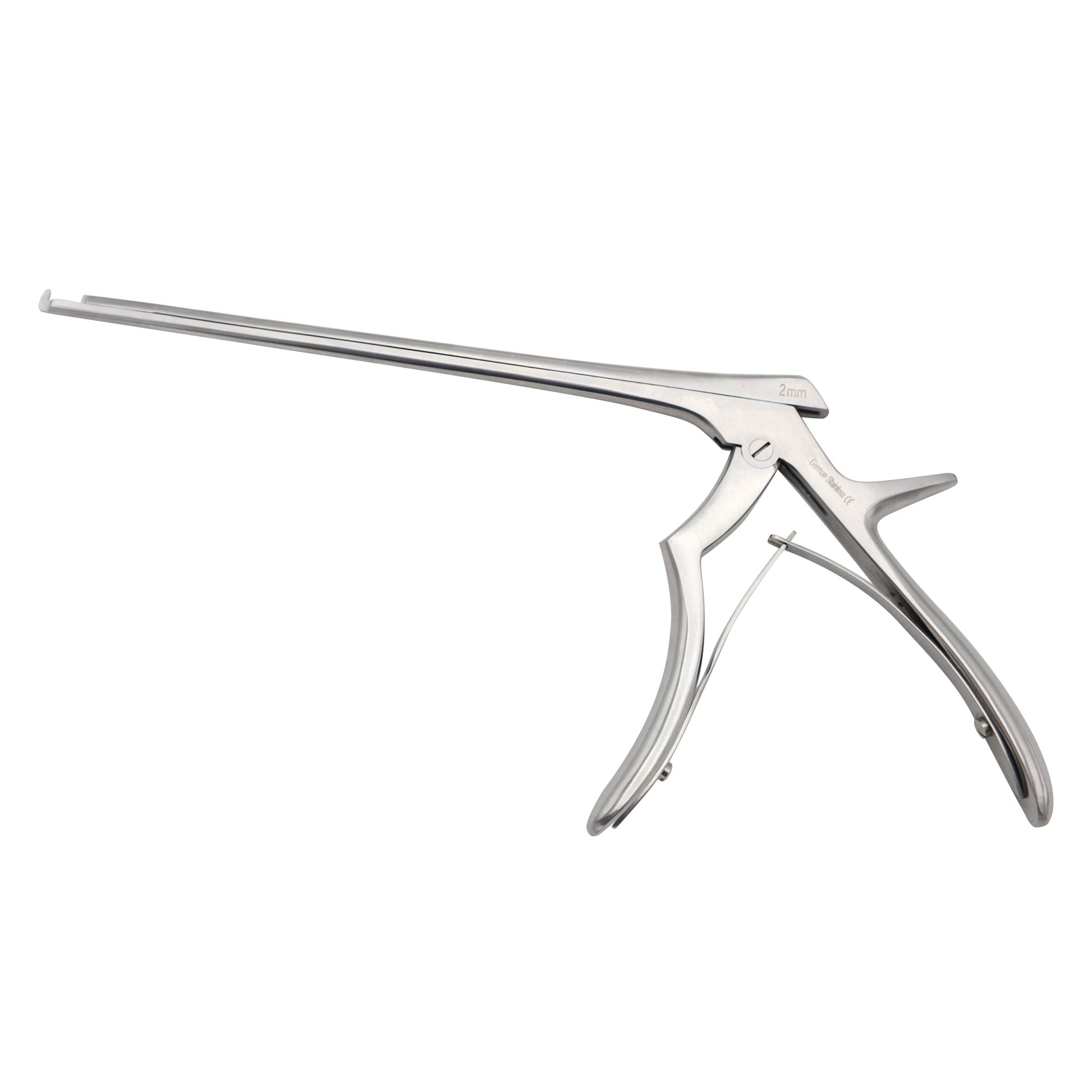 Side view of a stainless steel Kerrison Rongeur surgical bone punch used for neurosurgery and orthopedic procedures, featuring a long thin shaft and a classic handle grip.