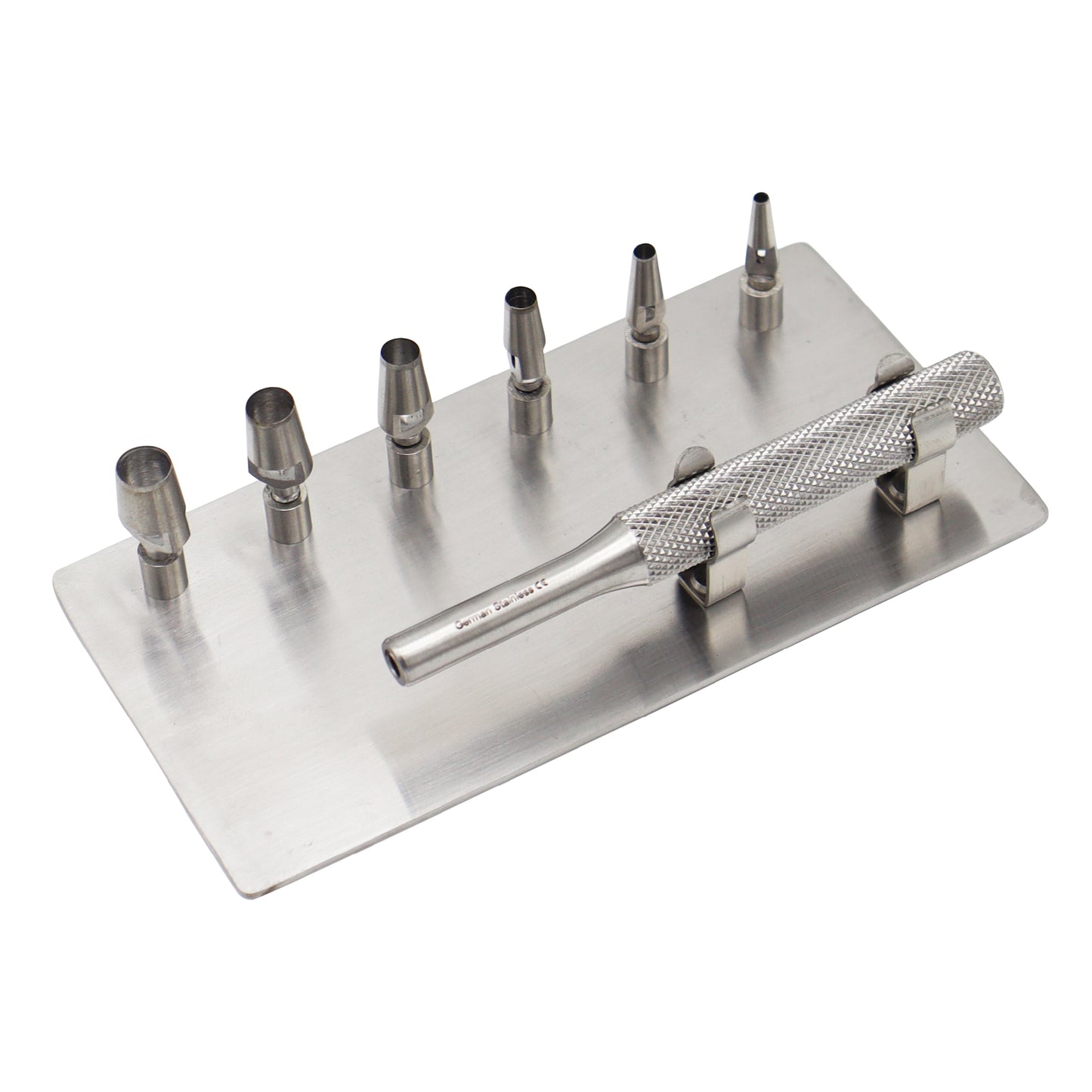 Keyes dermal punch set with a knurled stainless steel handle and six interchangeable screw-in circular punch blades organized on a flat sterilization rack.