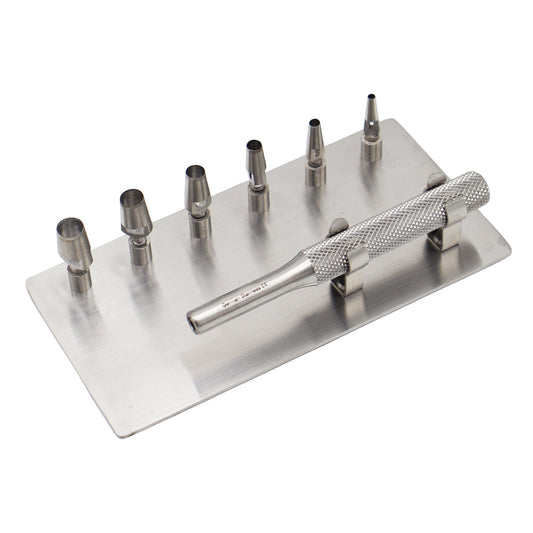 Keyes dermal punch set with a knurled stainless steel handle and six interchangeable screw-in circular punch blades organized on a flat sterilization rack.