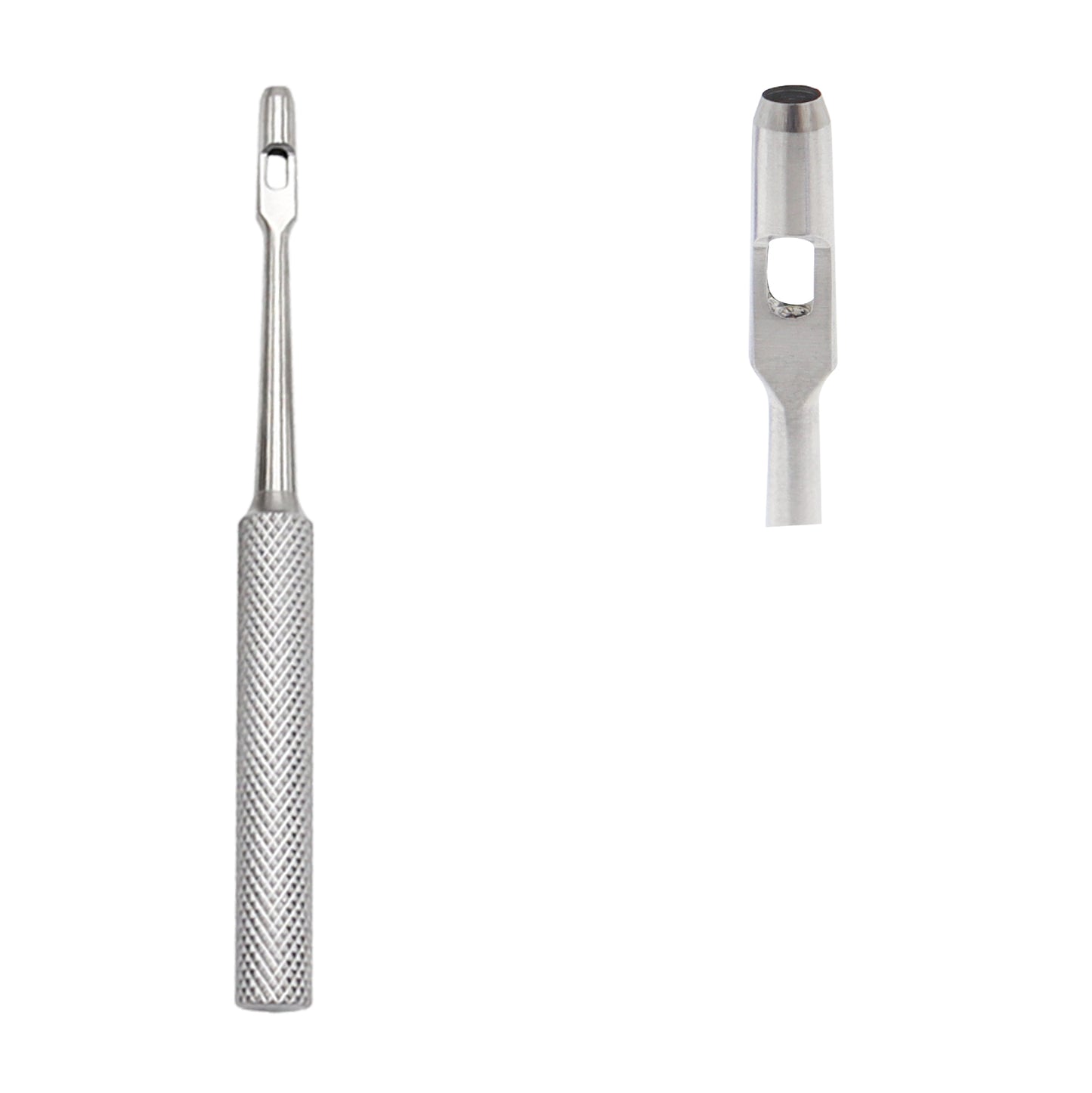 A stainless steel Keyes dermal punch with a knurled handle and a sharp circular tip, shown alongside a close-up of the cutting head.
