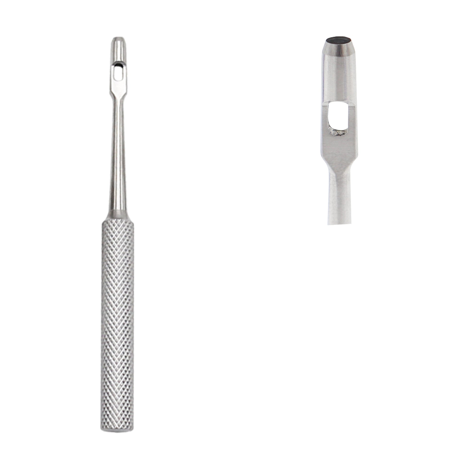 A stainless steel Keyes dermal punch with a knurled handle and a sharp circular tip, shown alongside a close-up of the cutting head.