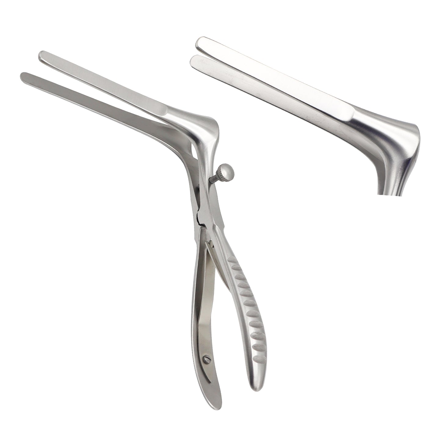 Stainless steel Killian nasal speculum with long tapered blades and a thumb screw lock, shown from two different angles against a white background.